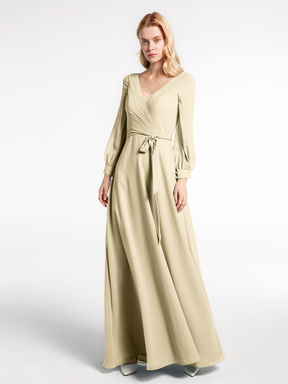 BABARONI V-Neck Bishop Sleeves Chiffon Dress with Bow-Champagne Plus size, Champagne / US18