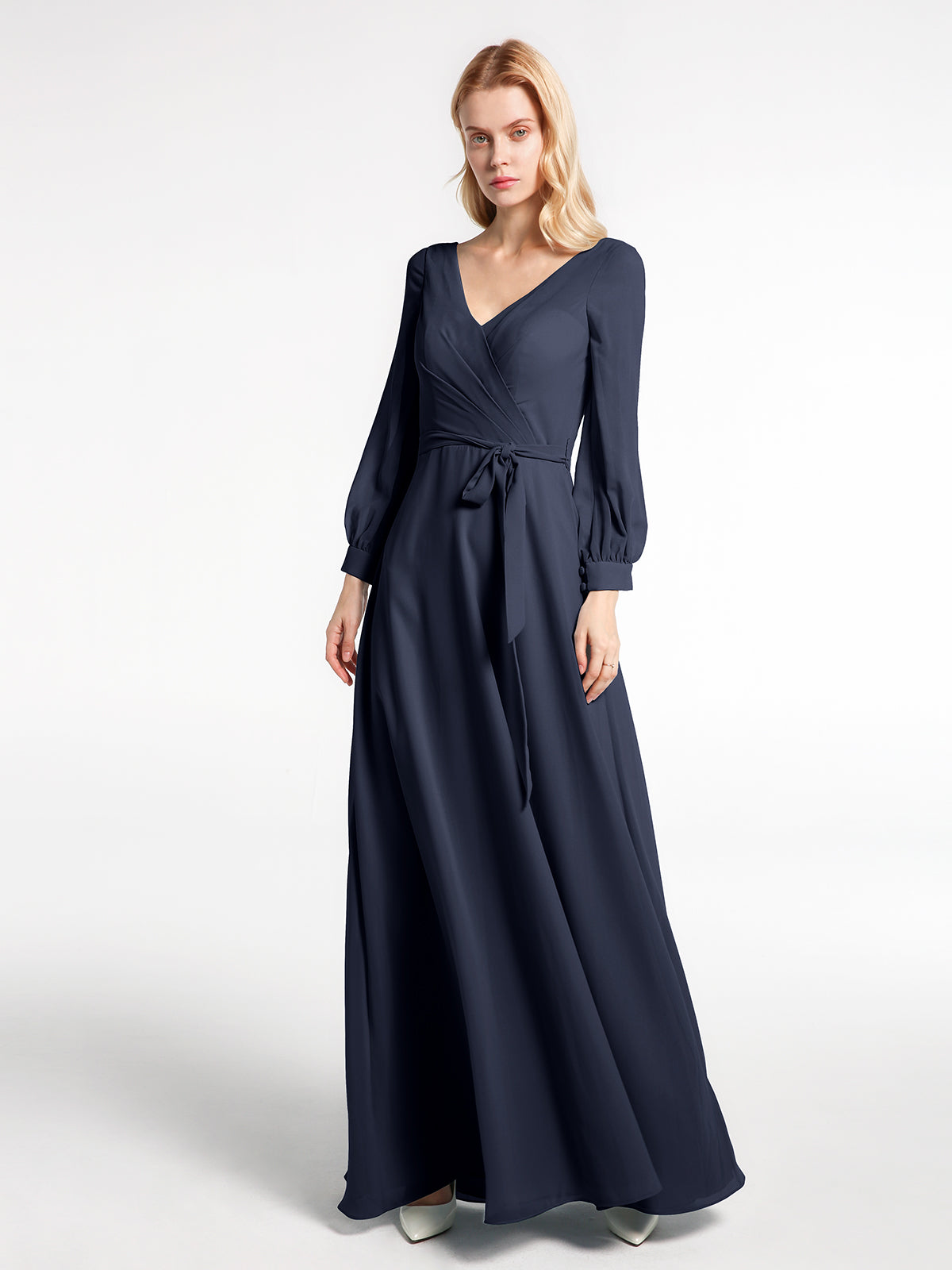 Bow High Neck Pleated Long Sleeve Chiffon Dress Dark Navy main image 1