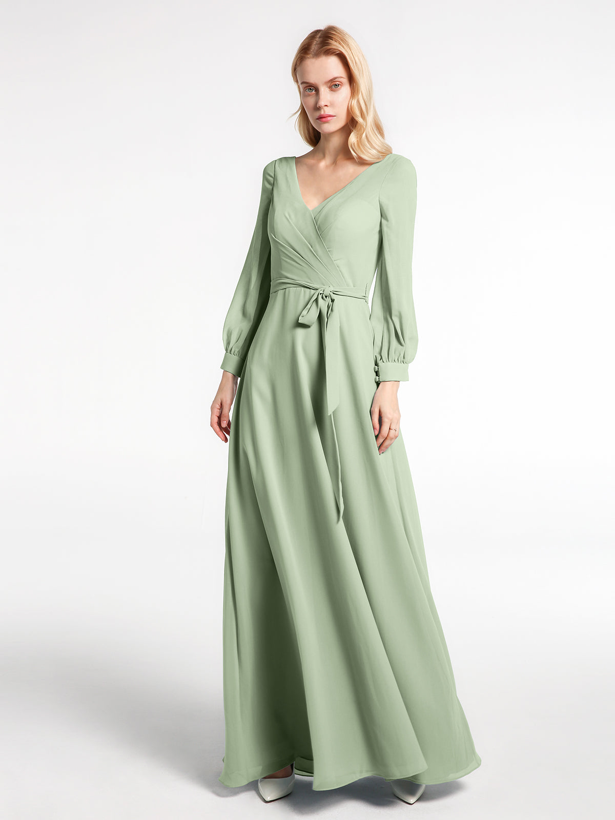 BABARONI V-Neck Bishop Sleeves Chiffon Dress with Bow-Dusty Sage Plus size, Dusty Sage / US18