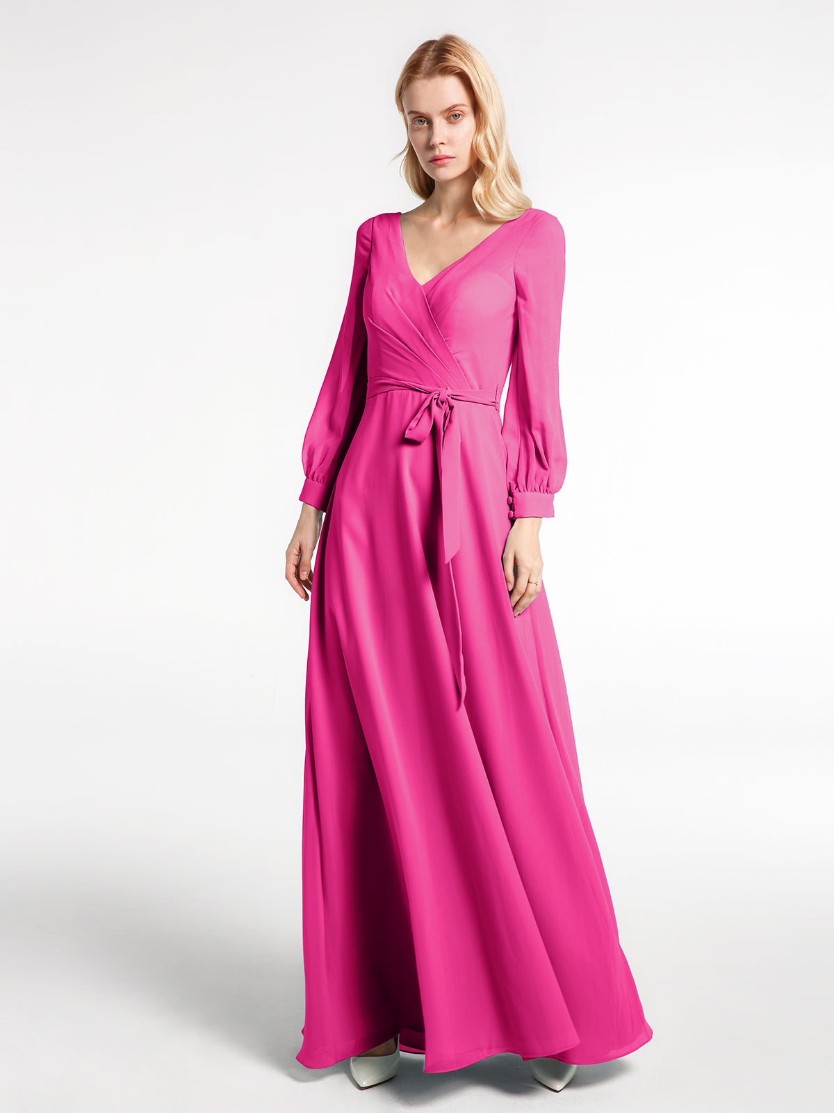 chinese dress ladies BABARONI V-Neck Bishop Sleeves Chiffon Dress with Bow-Fuchsia Plus size, Fuchsia / US18