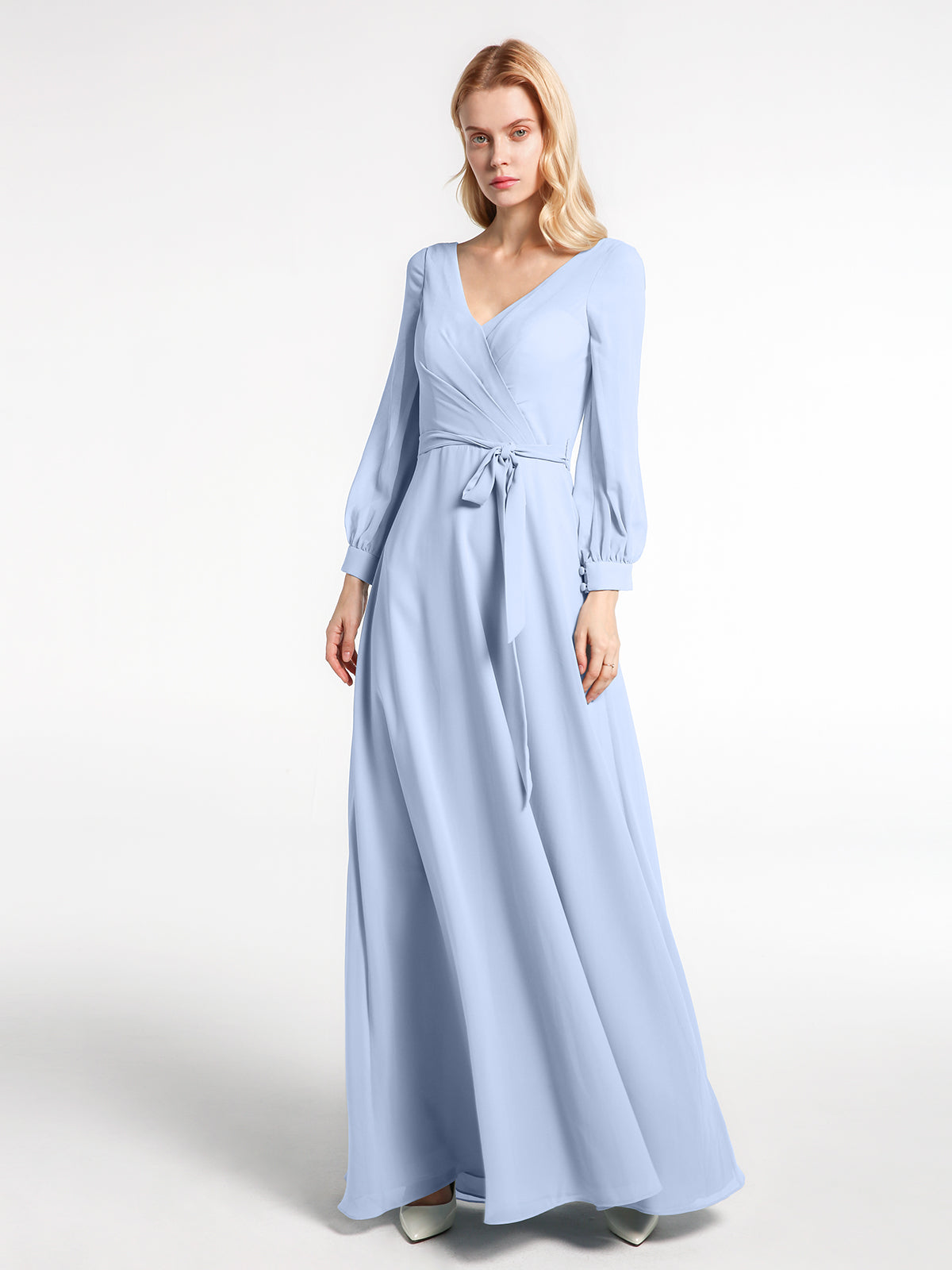 V-neck Cap Sleeves Chiffon Gown with Self-Bow Slate Blue main image 0