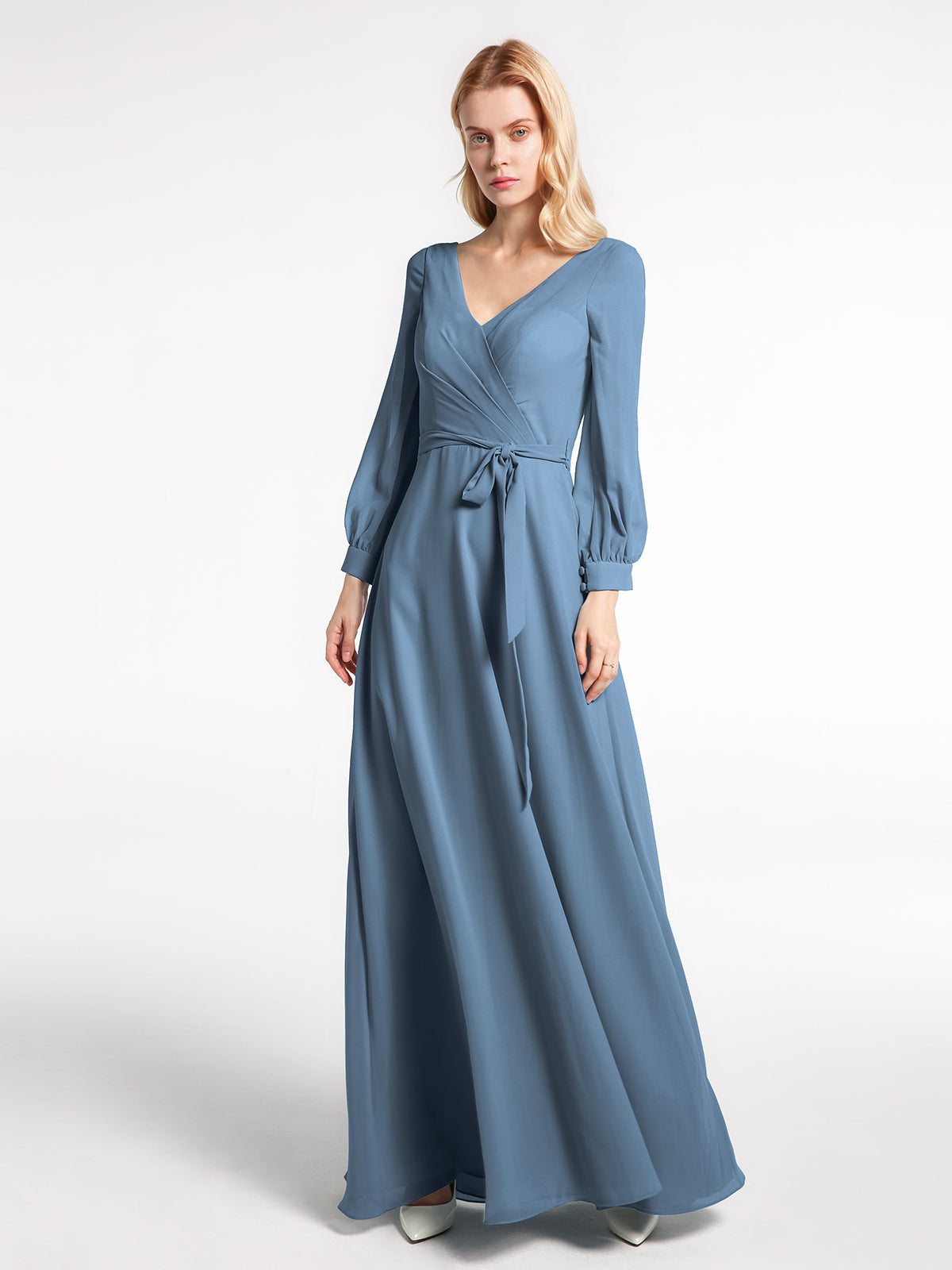 BABARONI V-neck Bishop Sleeves Chiffon Dress with Bow-Slate Blue, Slate Blue / US0 BABARONI V-neck Bishop Sleeves Chiffon Dress with Bow-Slate Blue, Slate Blue / US0