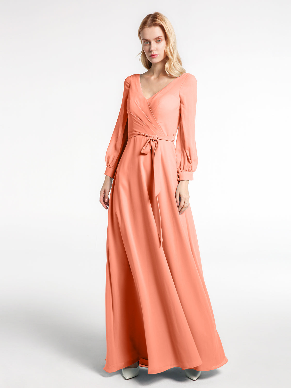 BABARONI V-neck Bishop Sleeves Chiffon Dress with Bow-Sunset, Sunset / US0