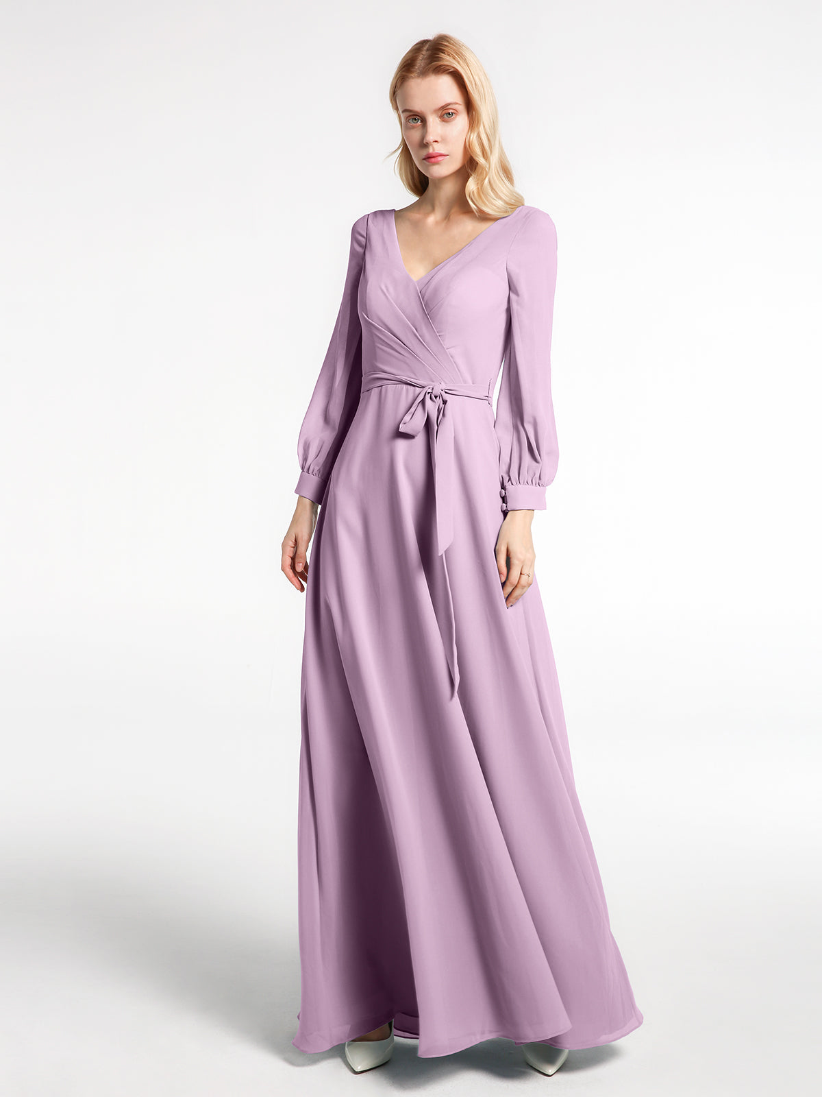 fitted lace wedding dress BABARONI V-Neck Bishop Sleeves Chiffon Dress with Bow-Wisteria, Wisteria / US0