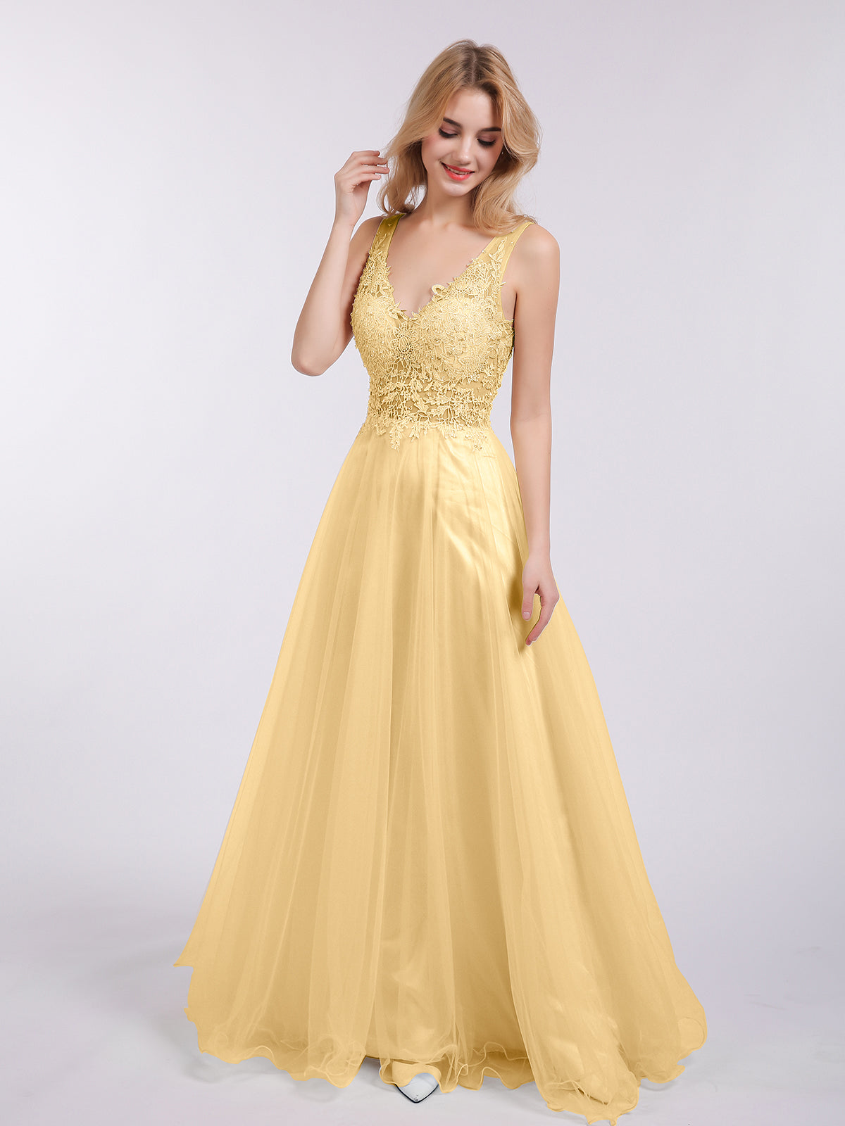 megan gold dress BABARONI Tulle Bridesmaid Dresses V-neck Floor-length Backless Sleeveless A-line, Gold / US0 midi length party dress