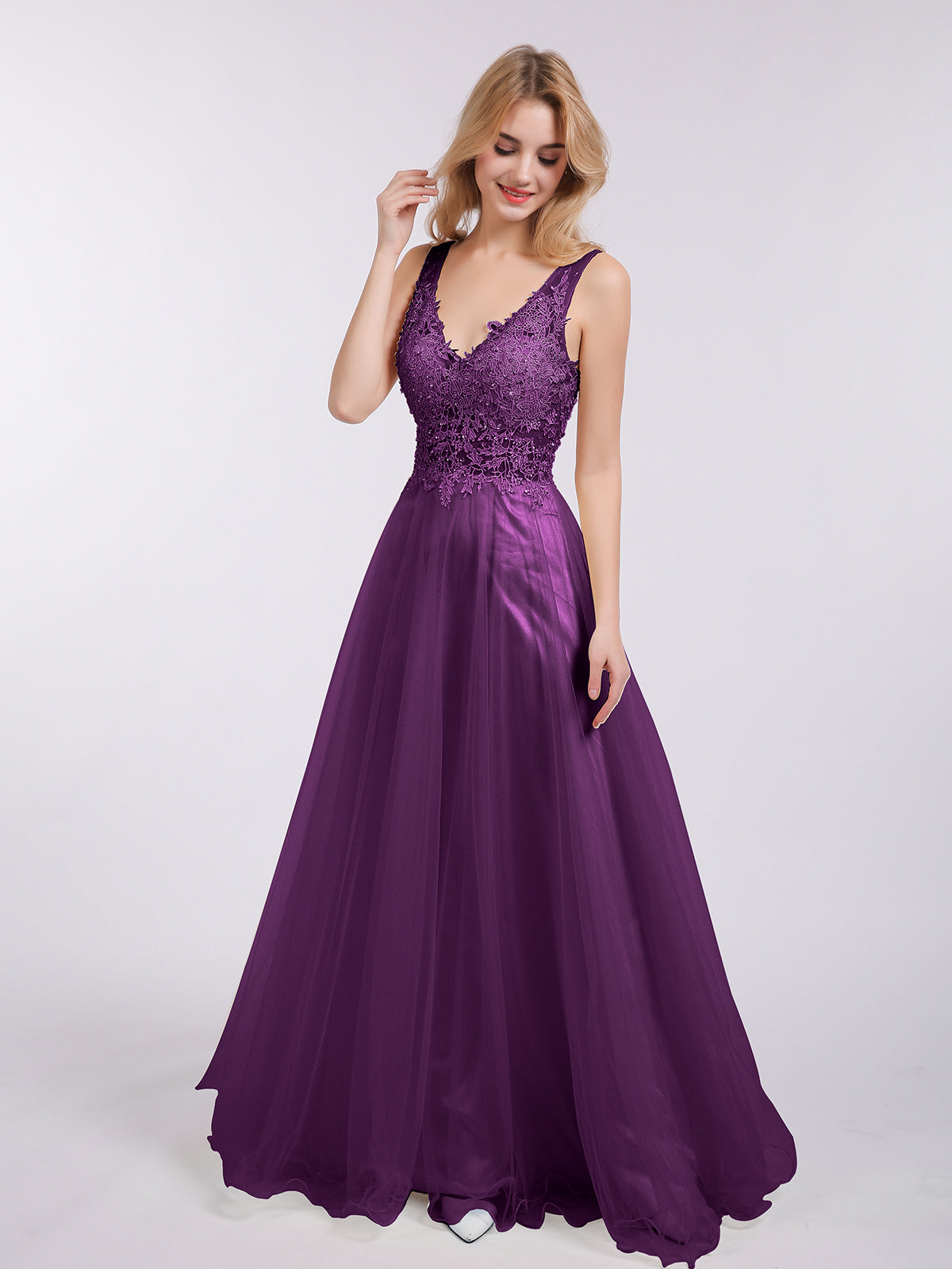 BABARONI Tulle Grape Bridesmaid Dresses V-neck Floor-length Backless Sleeveless A-line BABARONI Tulle Grape Bridesmaid Dresses V-neck Floor-length Backless Sleeveless A-line