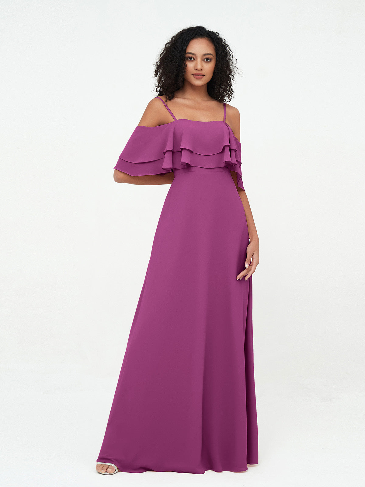 Sheath/Column Off-the-Shoulder Spaghetti Straps Long Ruched Bridesmaid Dresses With Side Slit
