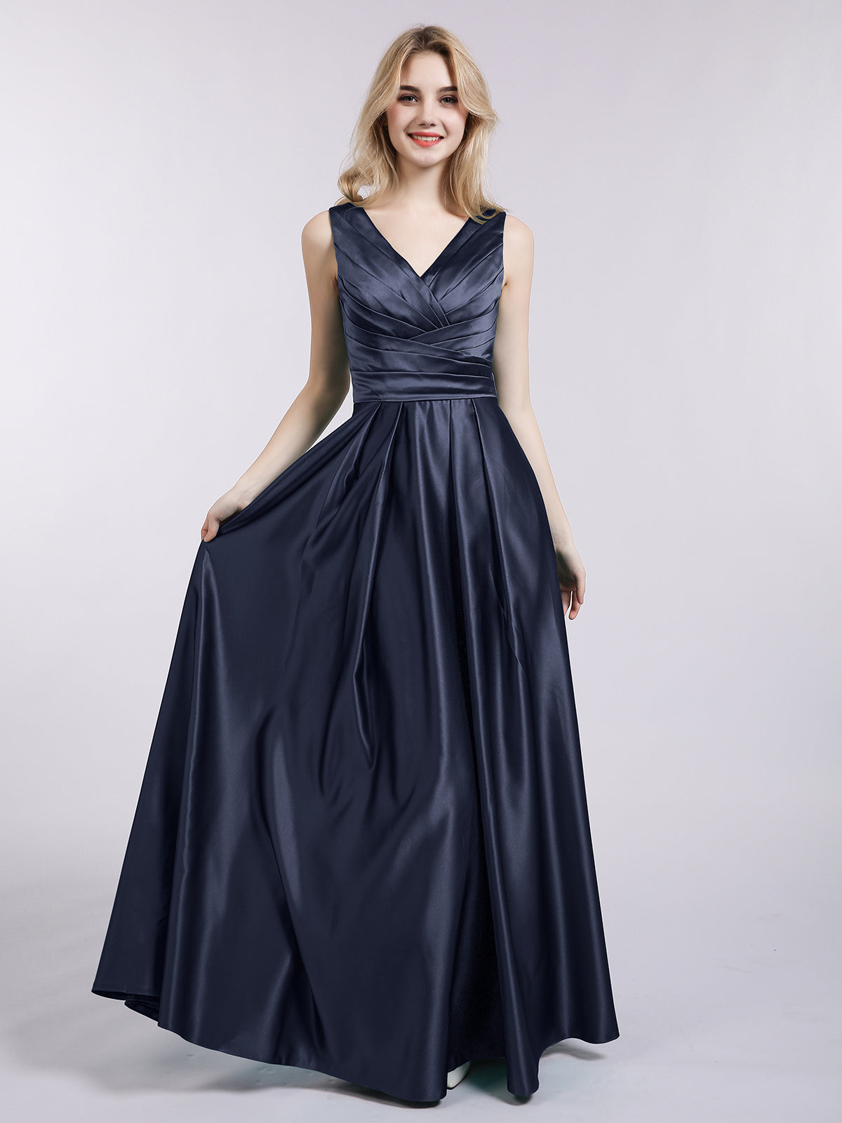 BABARONI Open Back Long Satin Gown with V-neck-Dark Navy, Dark Navy / US0
