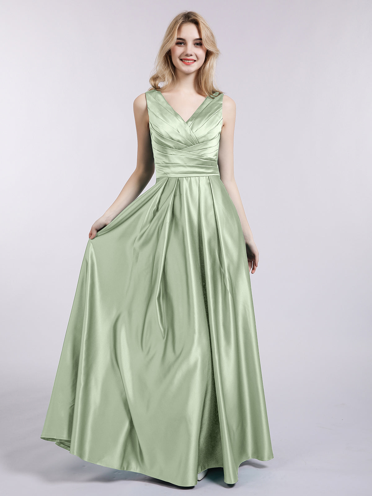 BABARONI Open Back Long Satin Gown with V-Neck-Dusty Sage, Dusty Sage / US0
