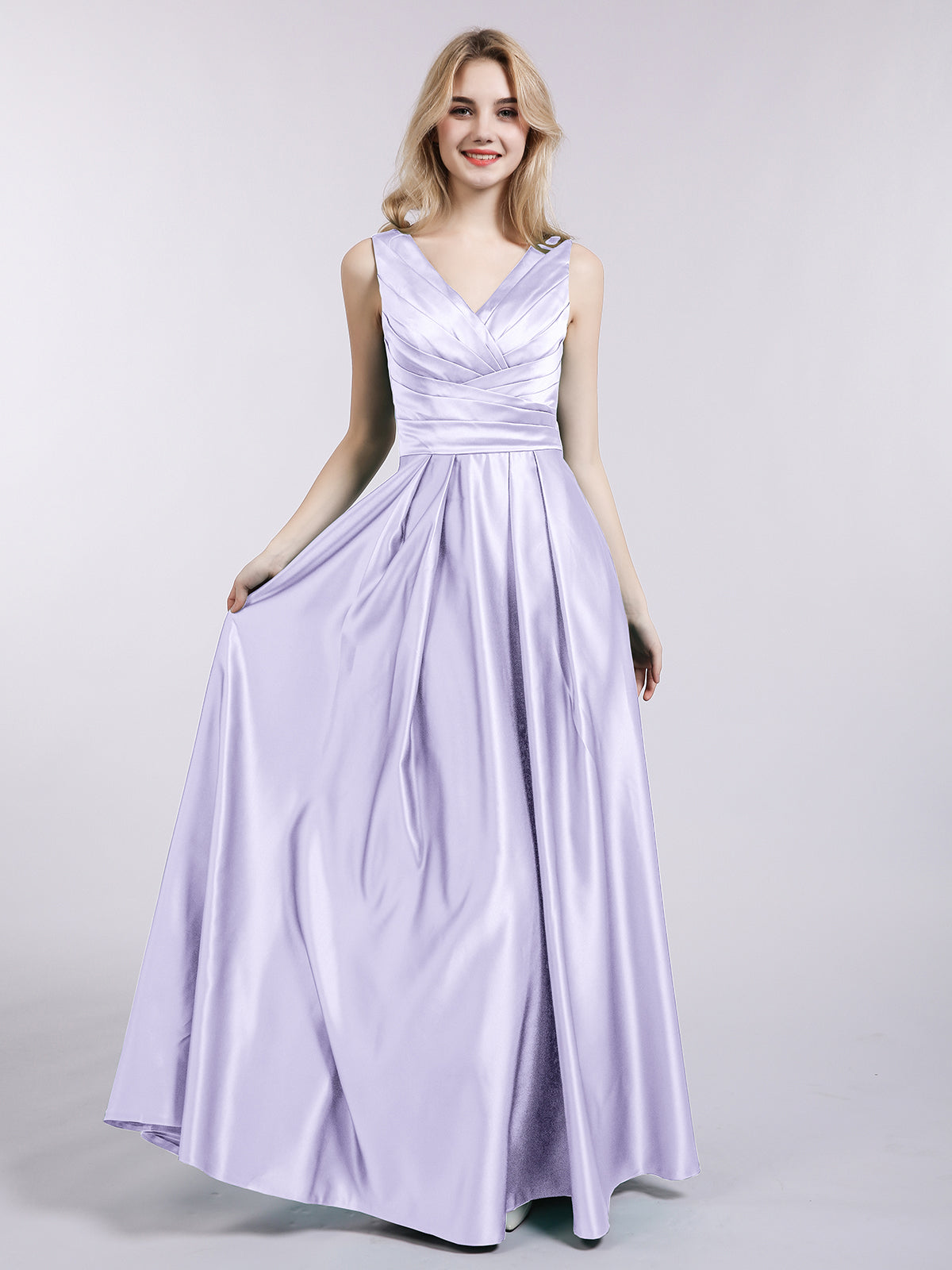 BABARONI Open Back Long Satin Gown with V-Neck-Lilac, Lilac / US0