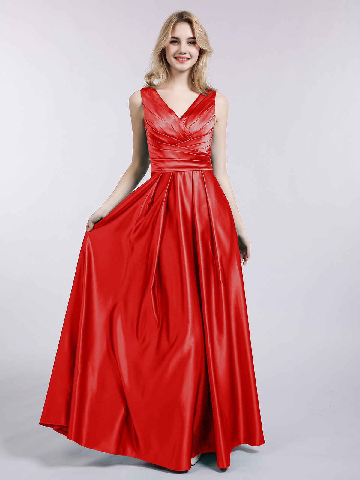 red colour bridesmaid dresses BABARONI BABARONI Satin Red Bridesmaid Dresses V-neck Floor-length Backless Sleeveless Ruffle A-line, Red / US0