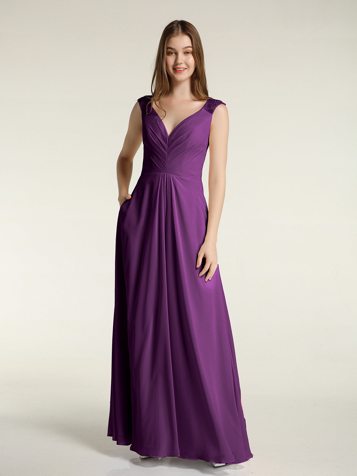 BABARONI Lace Straps V-neck Chiffon Dresses with Pockets-Grape, Grape / US0 BABARONI Lace Straps V-neck Chiffon Dresses with Pockets-Grape, Grape / US0