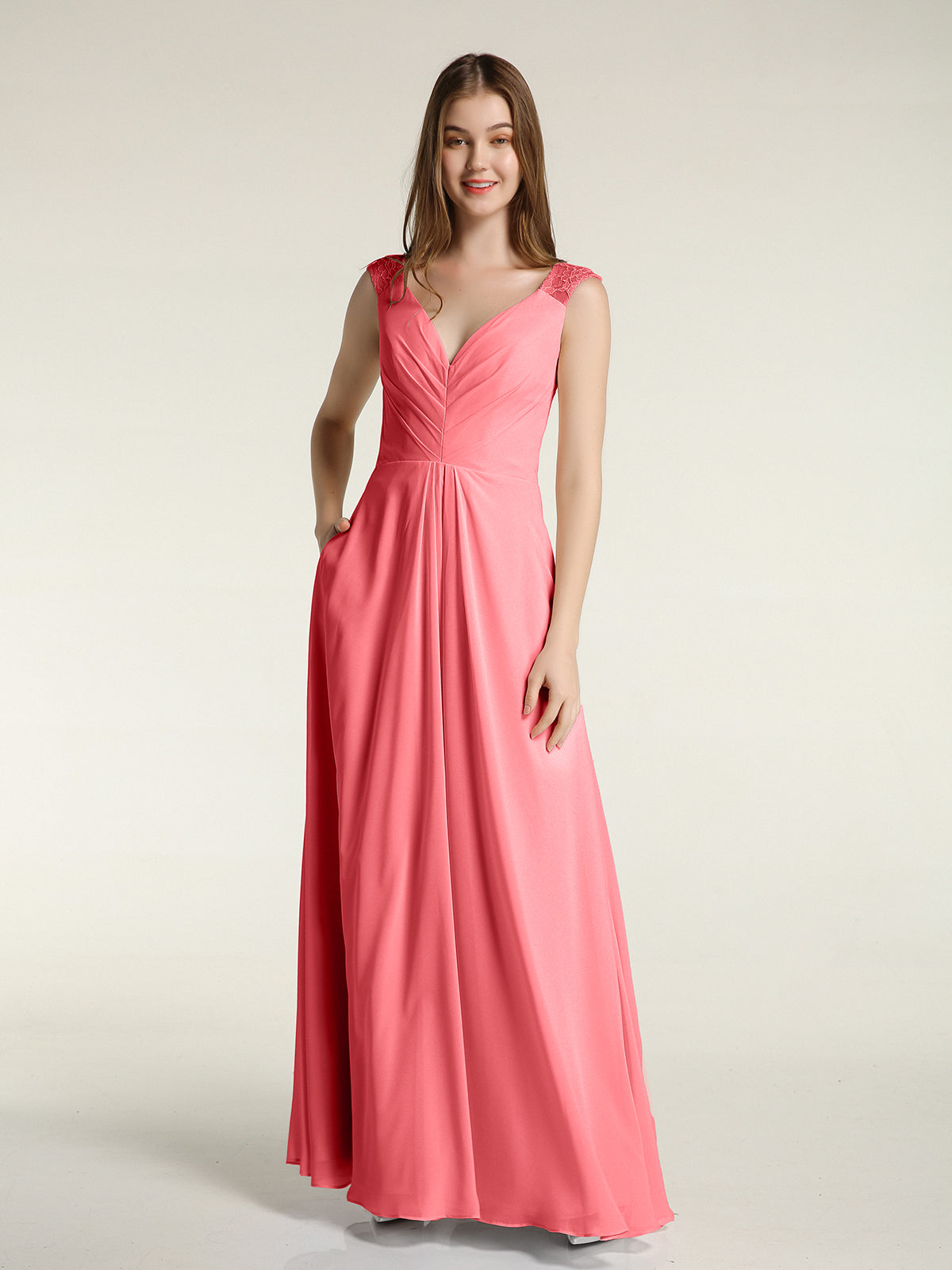 watermelon red bridesmaid dresses Floor-length Cap Sleeves Appliques Chiffon Bridesmaid Dresses – MarryLover main image 1
