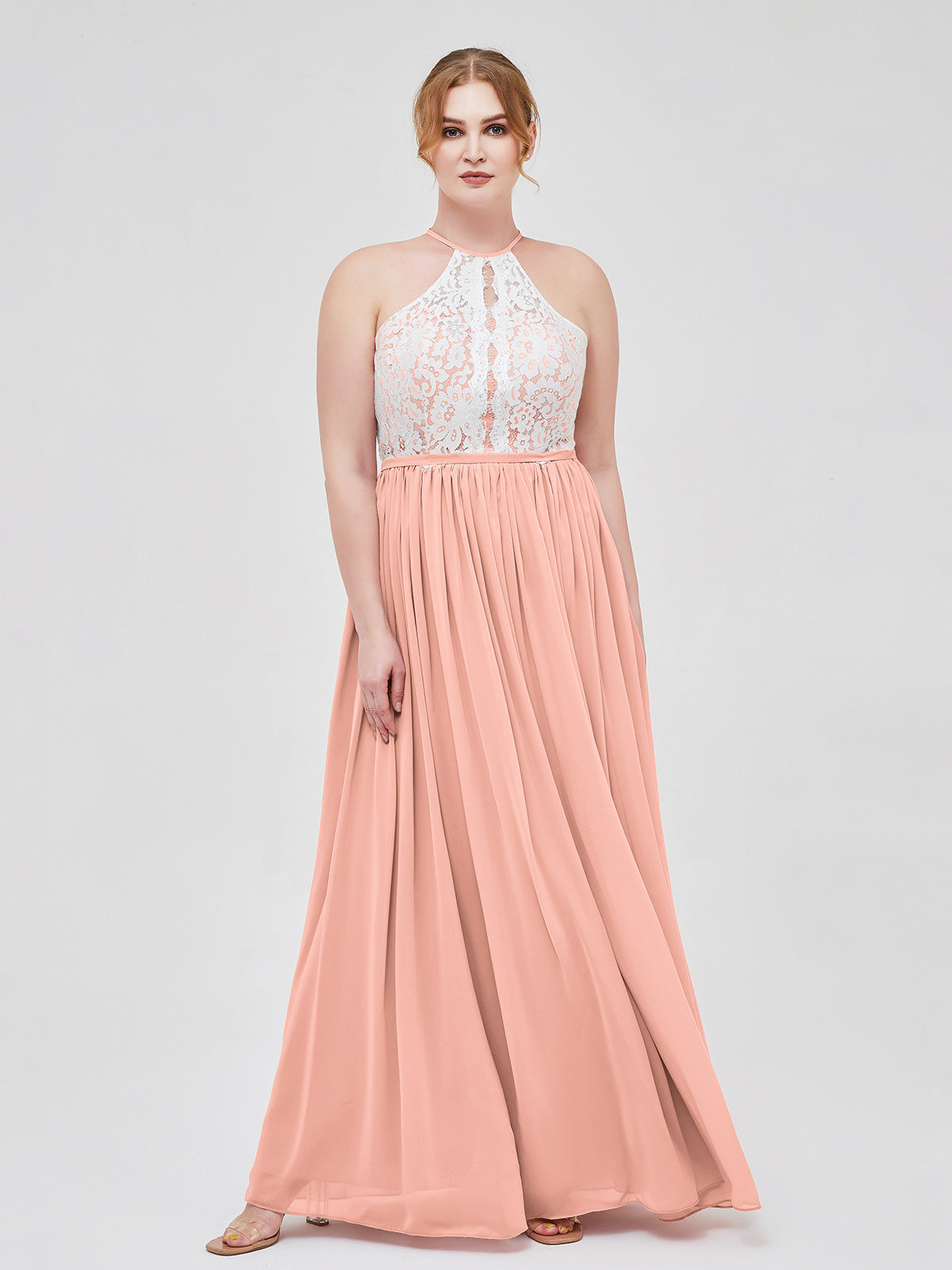 Coral Plus Size Chiffon Bridesmaid Dress Halter Maxi Gown Ivory Lace Bodice Open Back | BABARONI Coral Plus Size Chiffon Bridesmaid Dress Halter Maxi Gown Ivory Lace Bodice Open Back | BABARONI