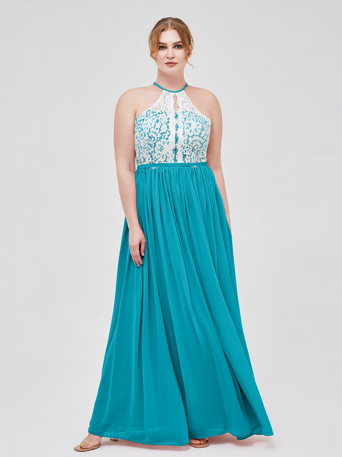BABARONI Halter Maxi Dress with Ivory Lace Bodice-Jade, Jade / US0