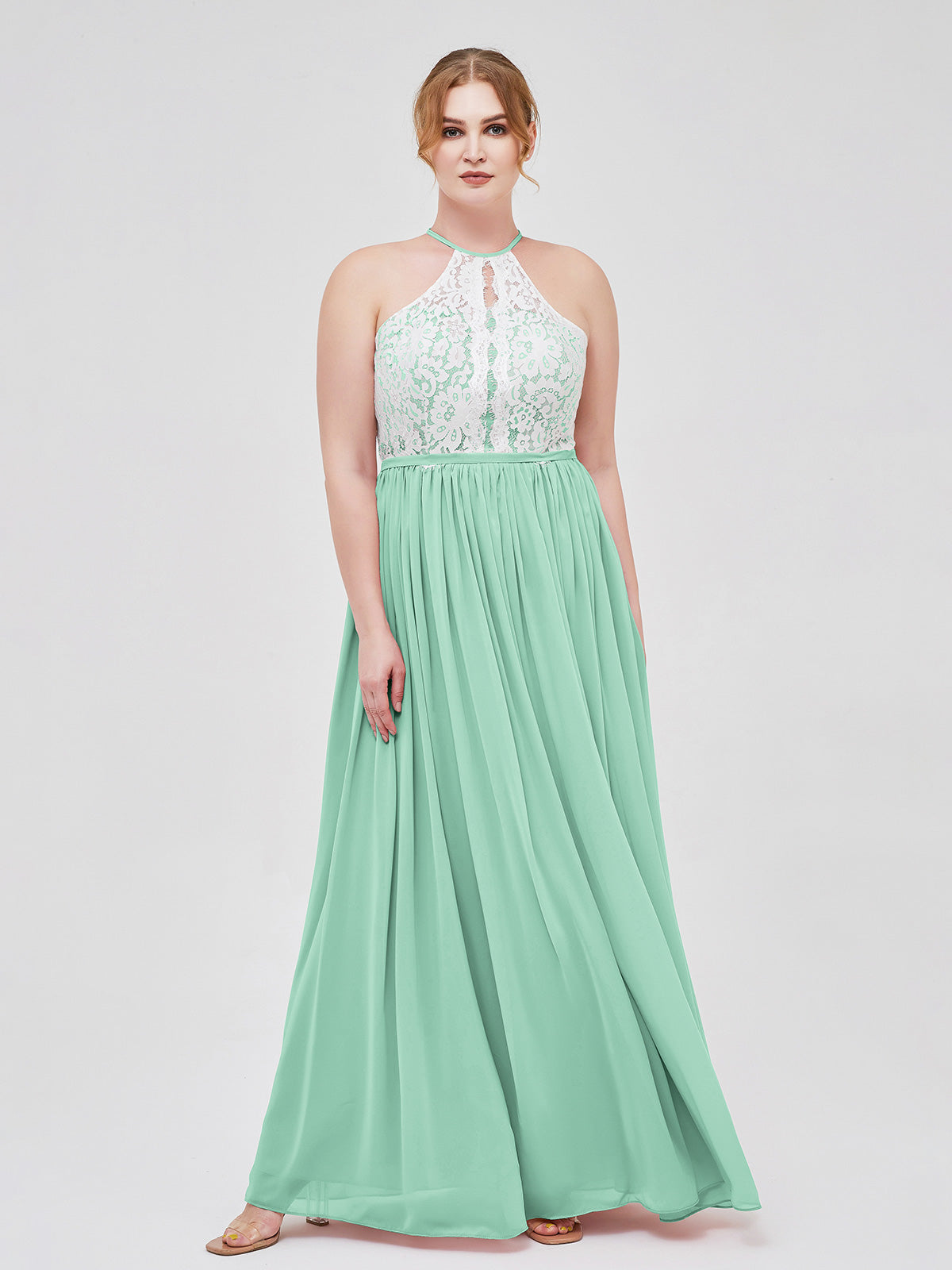 BABARONI Halter Maxi Dress with Ivory Lace Bodice-Mint Green, Mint Green / US0 BABARONI Halter Maxi Dress with Ivory Lace Bodice-Mint Green, Mint Green / US0