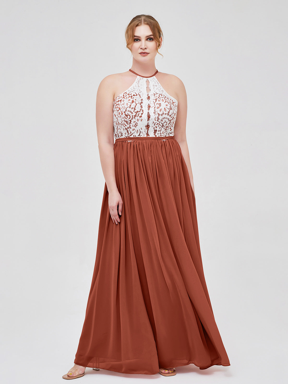 Rust Plus Size Chiffon Bridesmaid Dress Halter Maxi Gown Ivory Lace Bodice Open Back | BABARONI Rust Plus Size Chiffon Bridesmaid Dress Halter Maxi Gown Ivory Lace Bodice Open Back | BABARONI