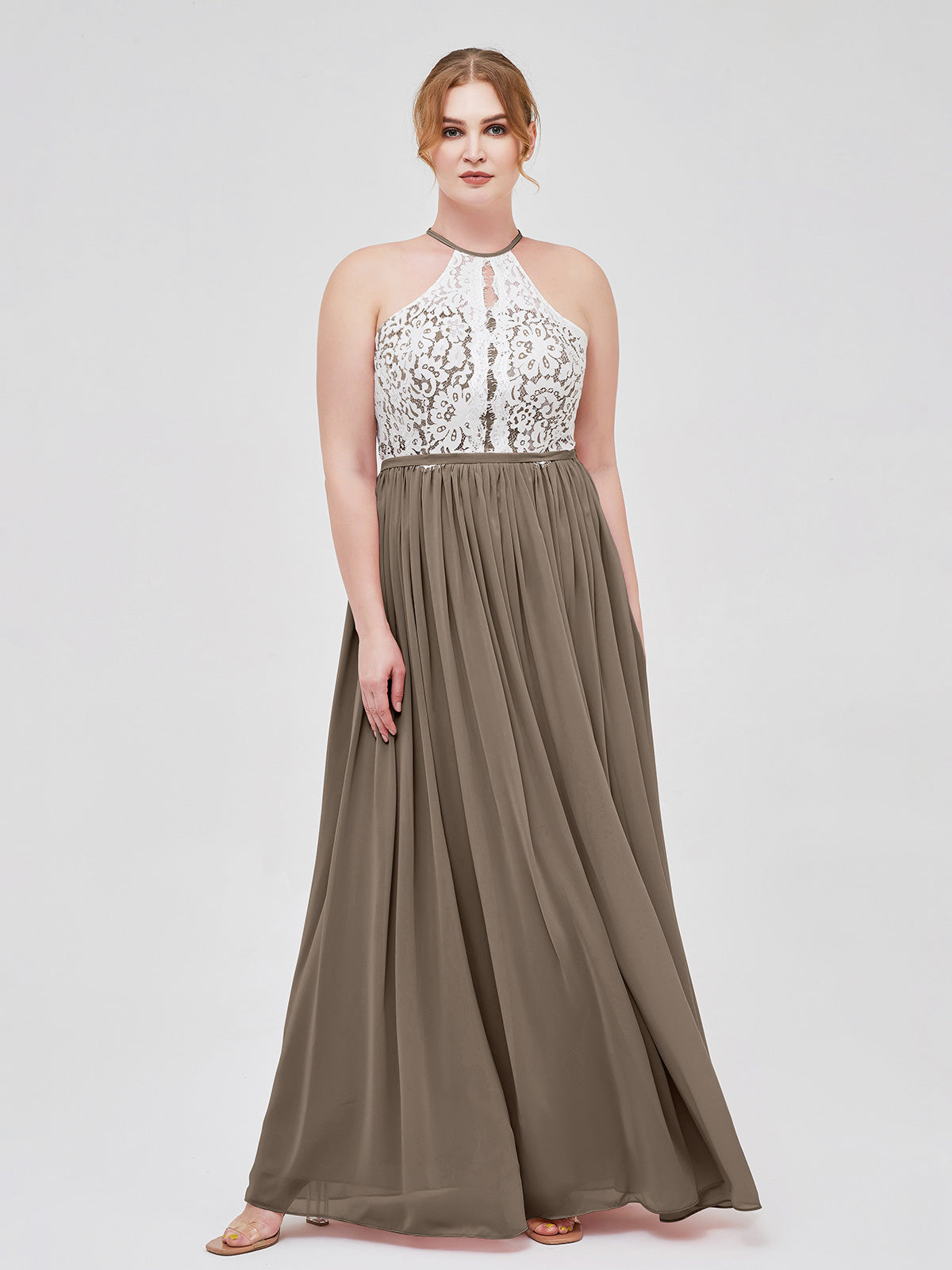 Taupe Plus Size Chiffon Bridesmaid Dress Halter Maxi Gown Ivory Lace Bodice Open Back