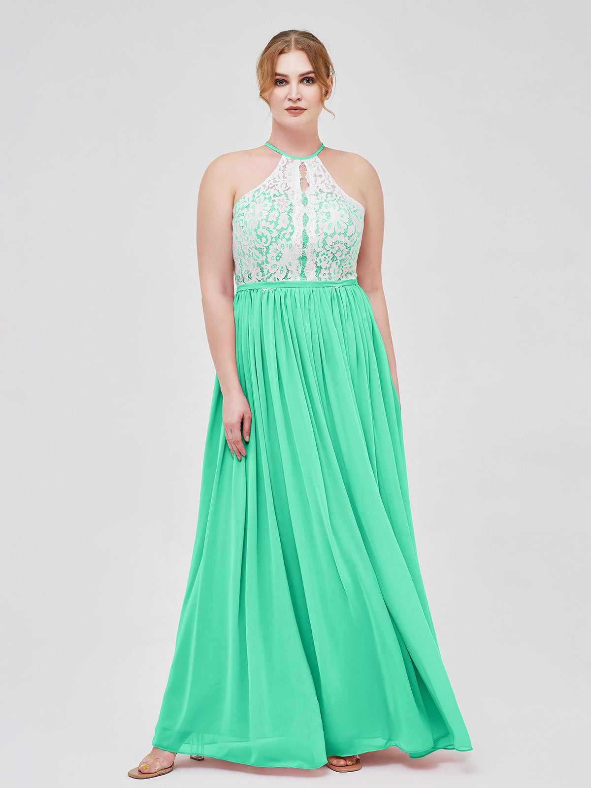 BABARONI Halter Maxi Dress with Ivory Lace Bodice-Turquoise, Turquoise / US0