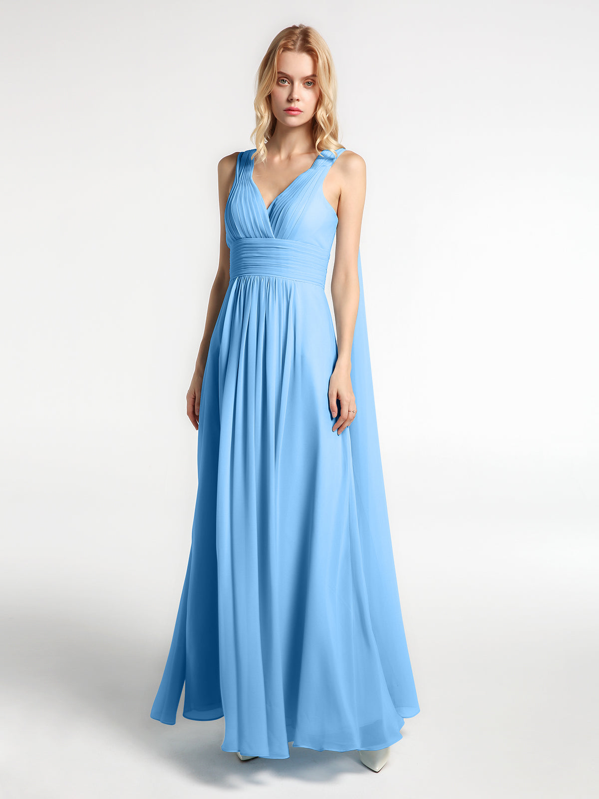 A-line Chiffon Open Back Dress With V-Neck Blue Plus Size