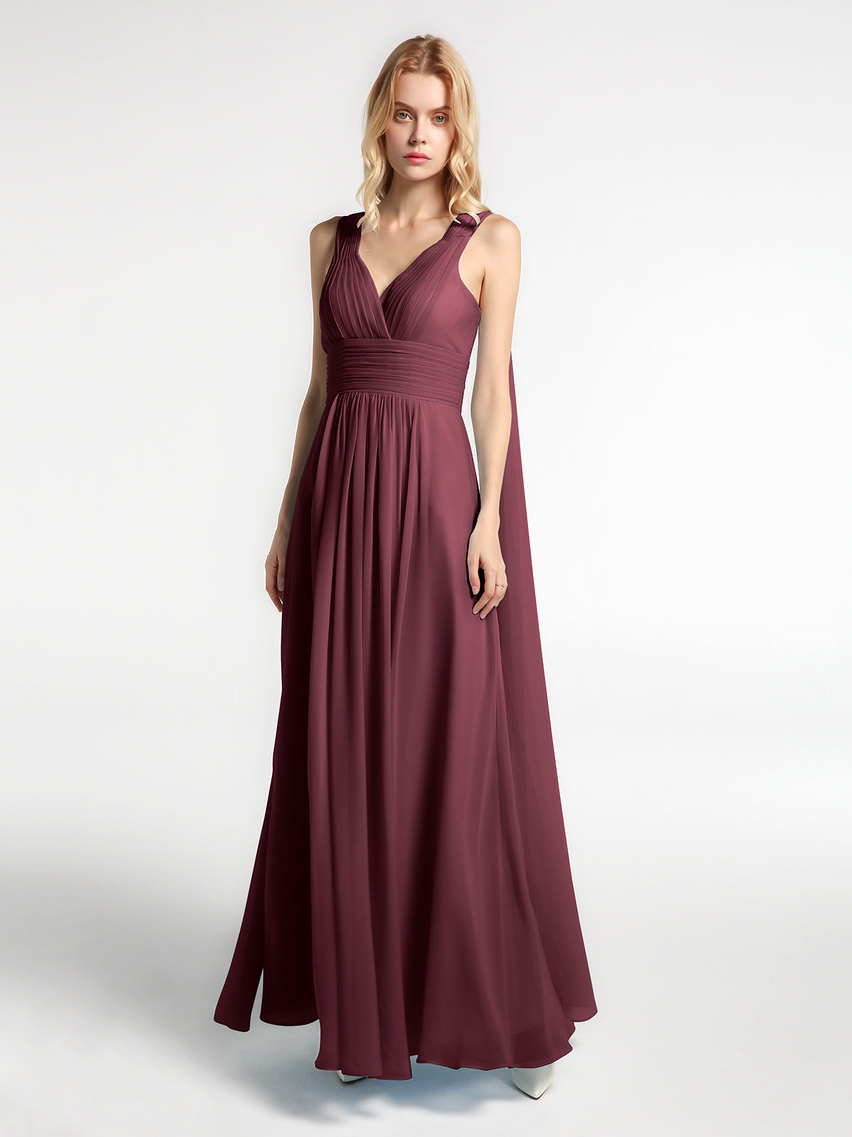 V-neck Long Chiffon Gown with Spaghetti Straps Cabernet Plus Size