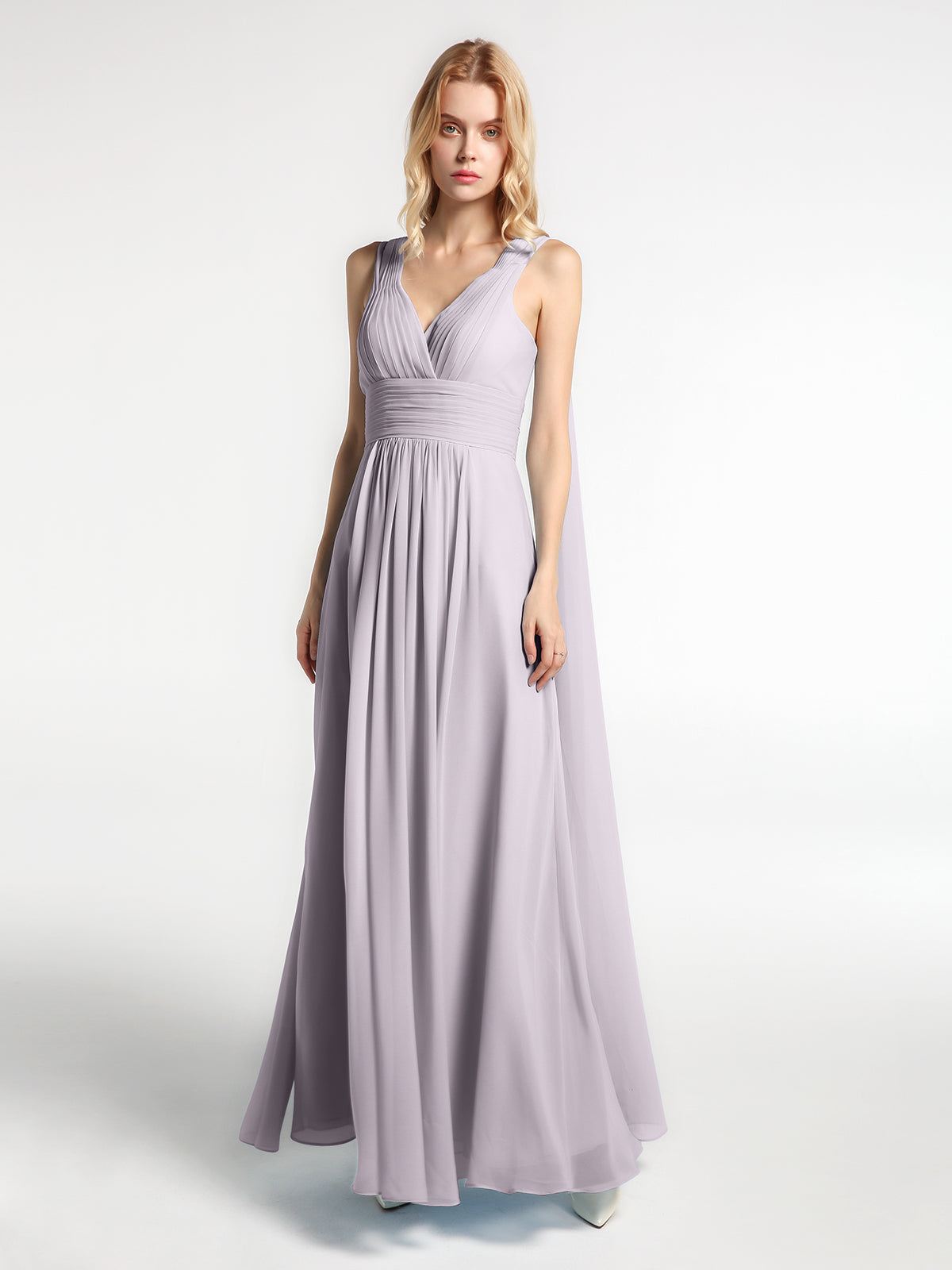 V Neck Chiffon Dress with Streamer at Back Strap Dusty Rose