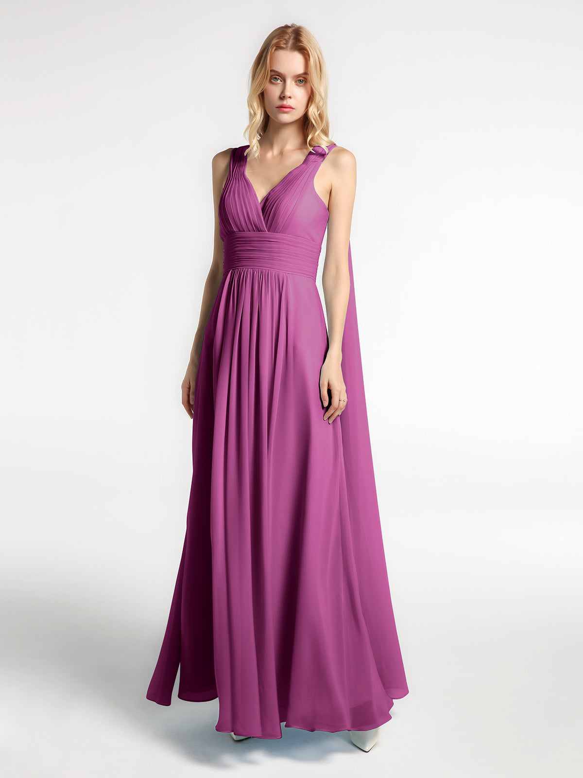 V Neck Chiffon Dress with Streamer at Back Strap Blue