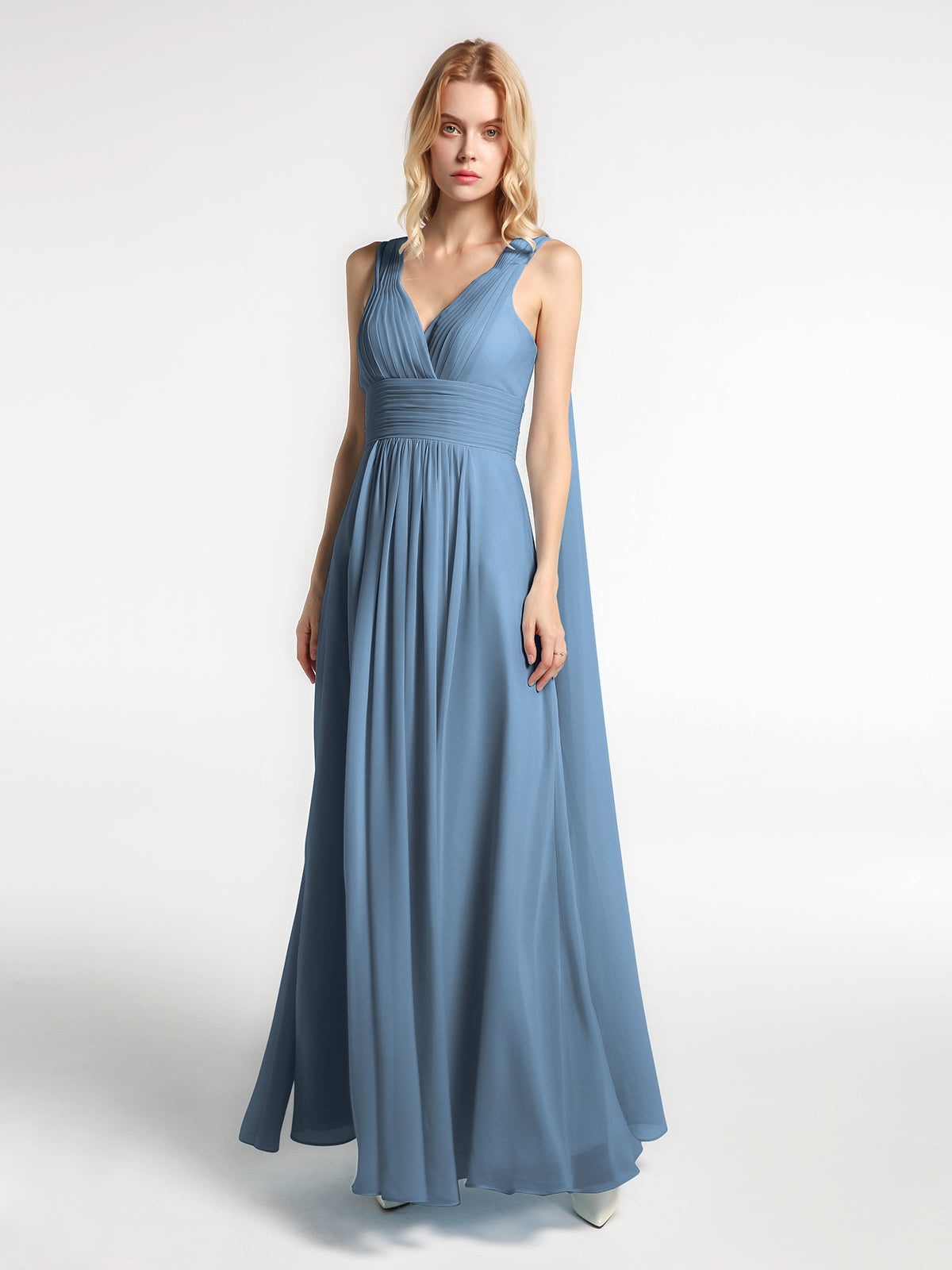 V Neck Chiffon Dress with Streamer at Back Strap Stormy