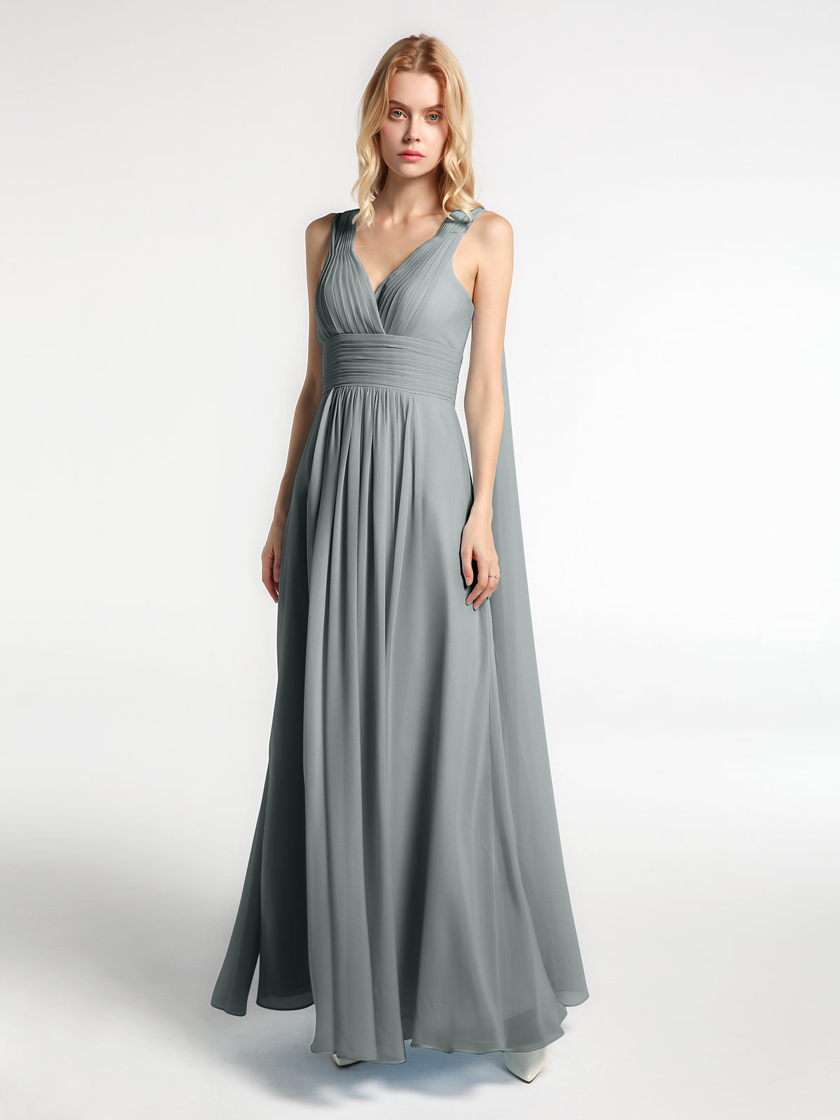 V Neck Chiffon Dress with Streamer at Back Strap Spa