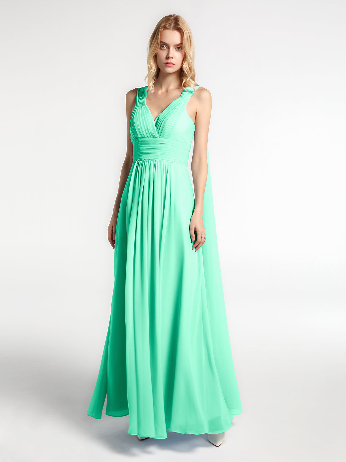 V neck Chiffon Long Dresses with Straps Turquoise