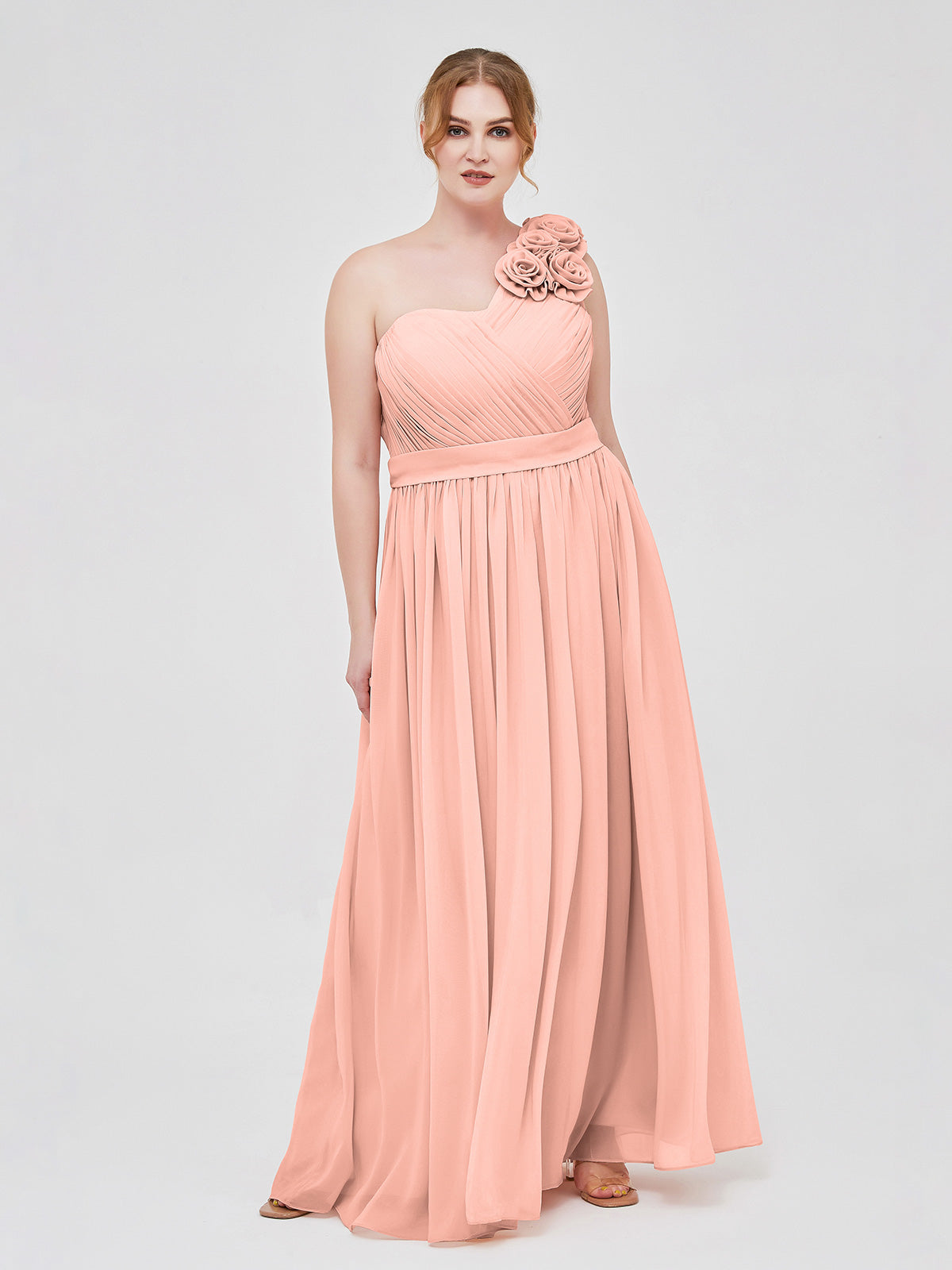 Coral Plus Size Chiffon Bridesmaid Dress One Shoulder Hand-made Flowers Strap | BABARONI Coral Plus Size Chiffon Bridesmaid Dress One Shoulder Hand-made Flowers Strap | BABARONI