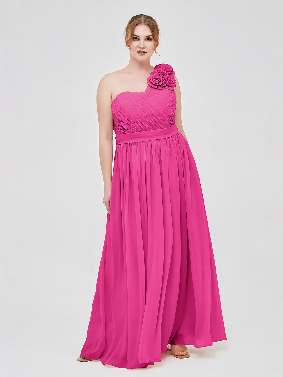 Fuchsia Plus Size Chiffon Bridesmaid Dress One Shoulder Hand-made Flowers Strap | BABARONI Fuchsia Plus Size Chiffon Bridesmaid Dress One Shoulder Hand-made Flowers Strap | BABARONI