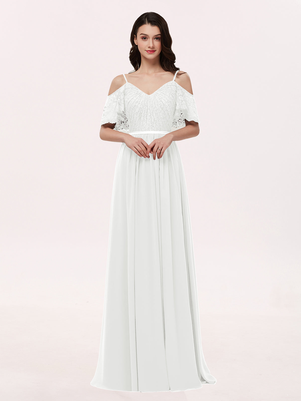 miranda bridesmaid dresses BABARONI Chiffon Ivory V-neck Floor-length Spaghetti Straps Lace A-line, Ivory / US0 sizing up is recommended Swatch:#c0e2dd Mini Dress Size:17.5/34