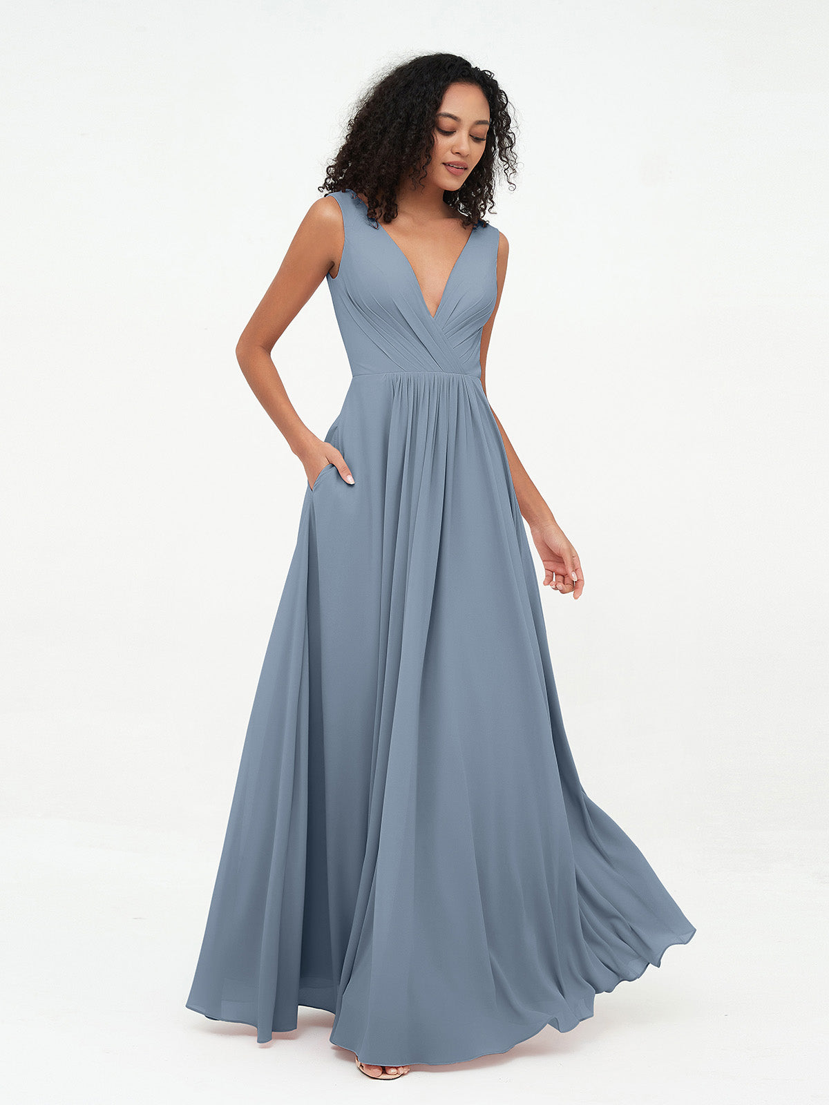 V neck Chiffon Long Dresses with Straps Emerald Plus Size main image 1