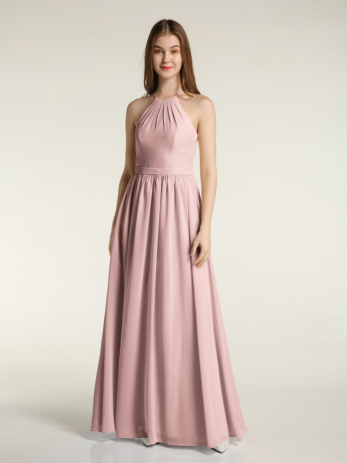 BABARONI Chiffon Dusty Rose Bridesmaid Dresses Halter Floor-length Sleeveless Ruffle A-line BABARONI Chiffon Dusty Rose Bridesmaid Dresses Halter Floor-length Sleeveless Ruffle A-line