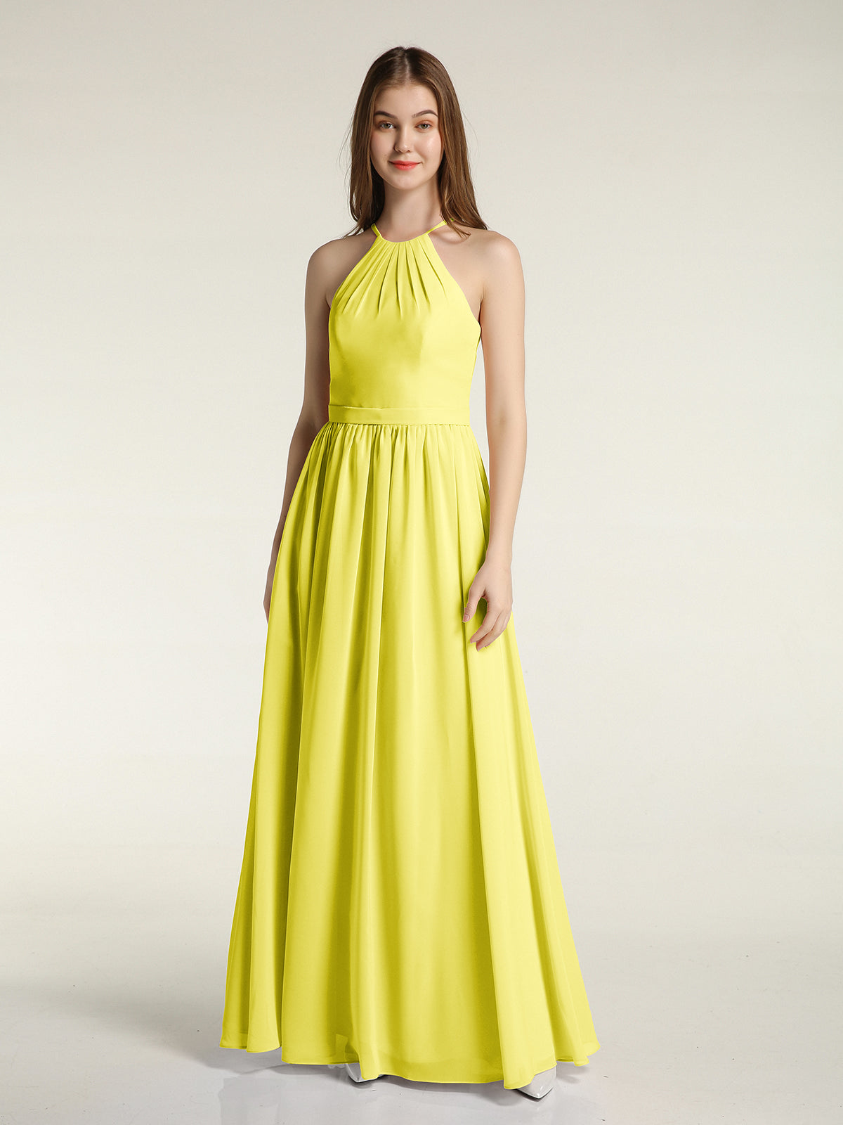 blue dress for baby girl BABARONI Halter Chiffon Long Bridesmaid Dresses-Lemon, Lemon / US0