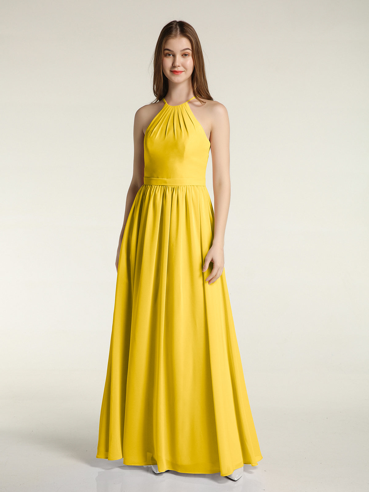 Halter A-Line Chiffon Midi Bridesmaid Dress in Marigold