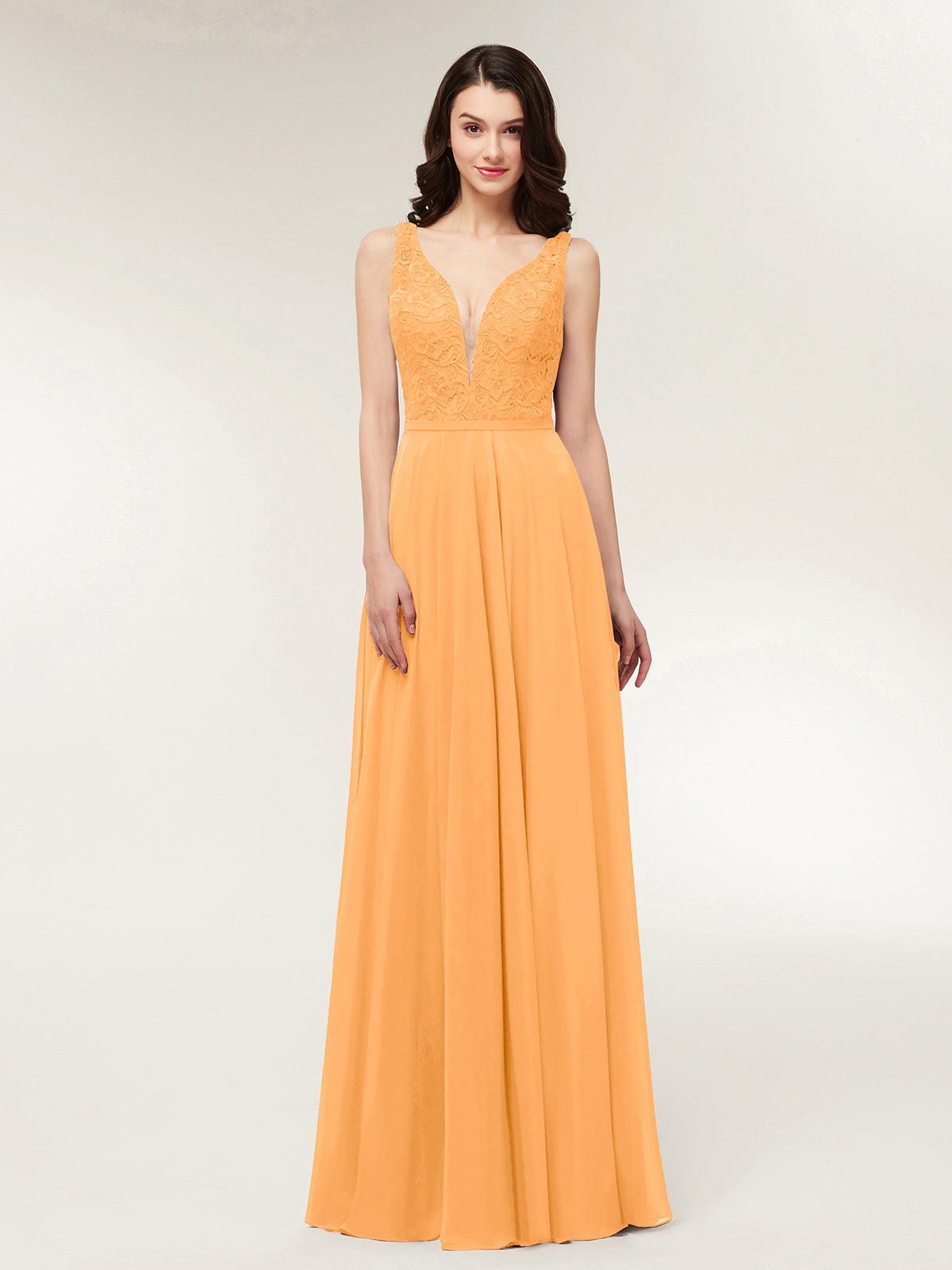 BABARONI Chiffon Tangerine Bridesmaid Dresses Plunging V-Neck Floor