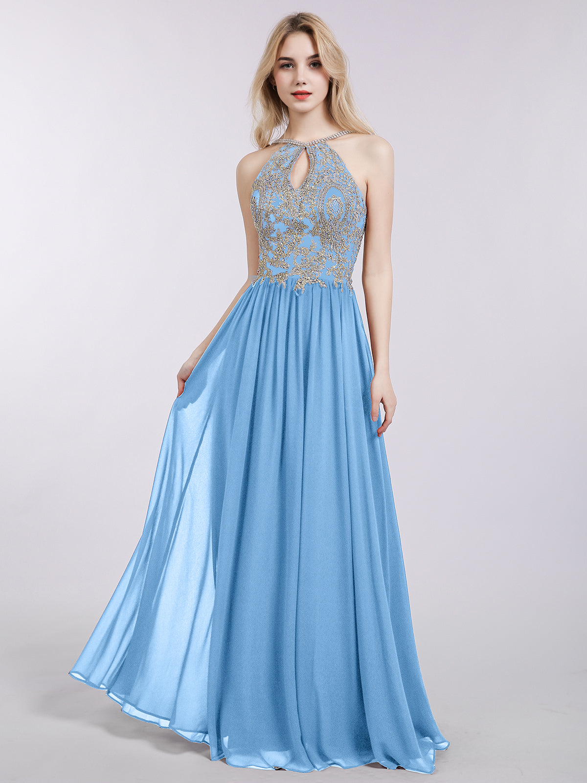 BABARONI Halter Chiffon with Gold Appliqued Dress-Blue, Blue / US0