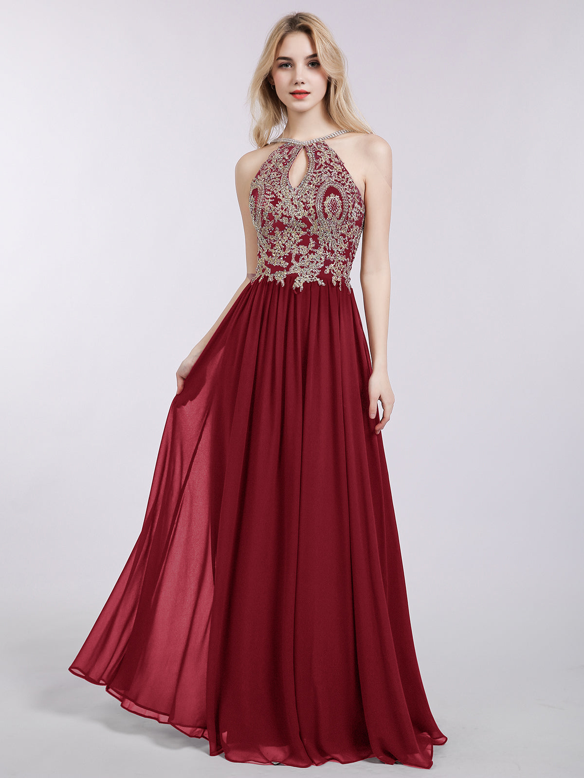 BABARONI Halter Chiffon with Gold Appliqued Dress-Burgundy Plus Size, Burgundy / US18