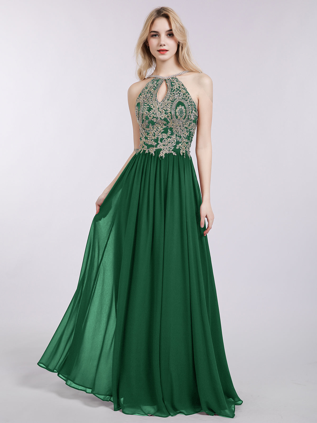 BABARONI Halter Chiffon with Gold Appliqued Dress-Dark Green, Dark Green / US0 BABARONI Halter Chiffon with Gold Appliqued Dress-Dark Green, Dark Green / US0