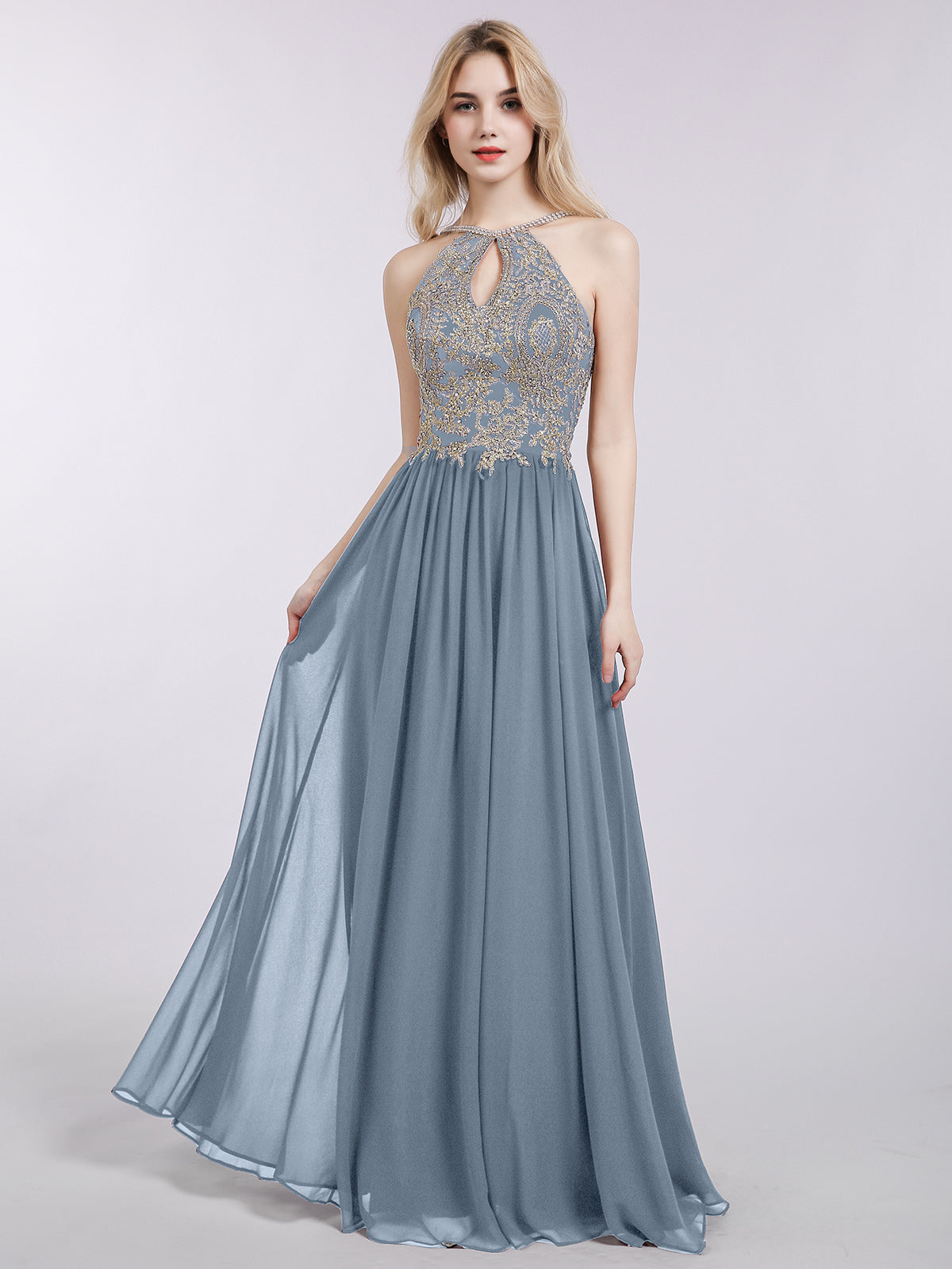 BABARONI Halter Chiffon with Gold Appliqued Dress-Dusty Blue, Dusty Blue / US0 BABARONI Halter Chiffon with Gold Appliqued Dress-Dusty Blue, Dusty Blue / US0
