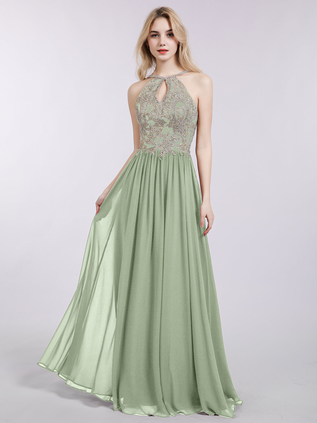 BABARONI Halter Chiffon with Gold Appliqued Dress-Dusty Sage, Dusty Sage / US0