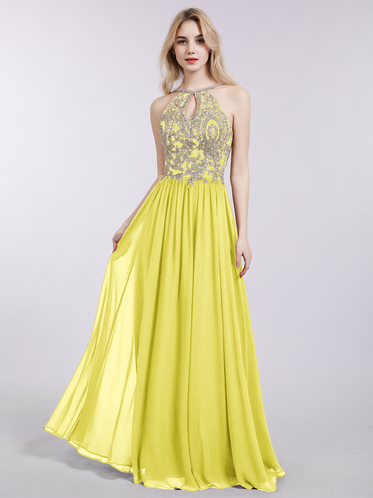 BABARONI Halter Chiffon with Gold Appliqued Dress-Lemon Plus Size, Lemon / US18 BABARONI Halter Chiffon with Gold Appliqued Dress-Lemon Plus Size, Lemon / US18