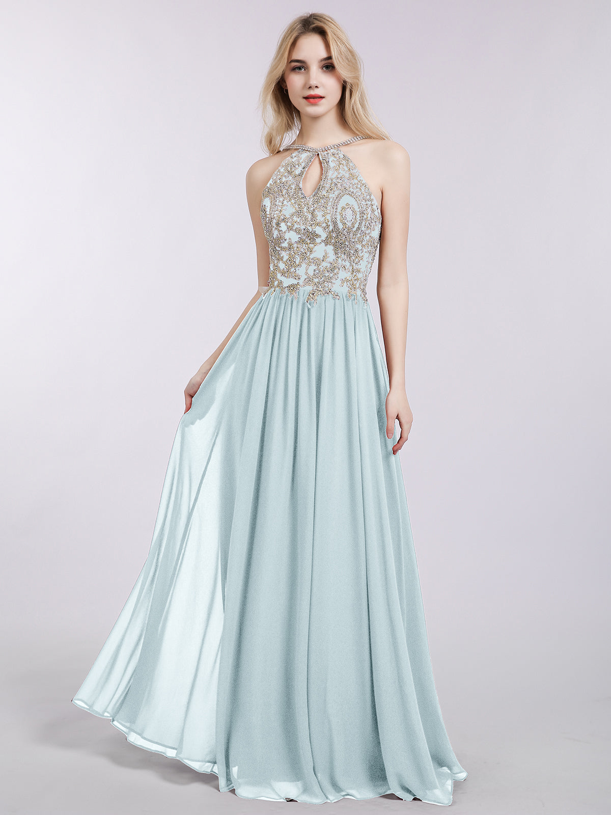 BABARONI Halter Chiffon with Gold Appliqued Dress-Mist Plus size, Mist / US18