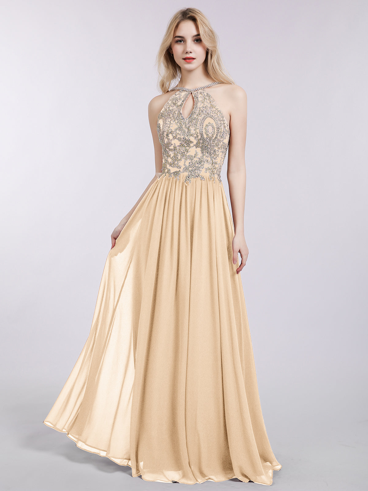 BABARONI Halter Chiffon with Gold Appliqued Dress-Peach Plus size, Peach / US18