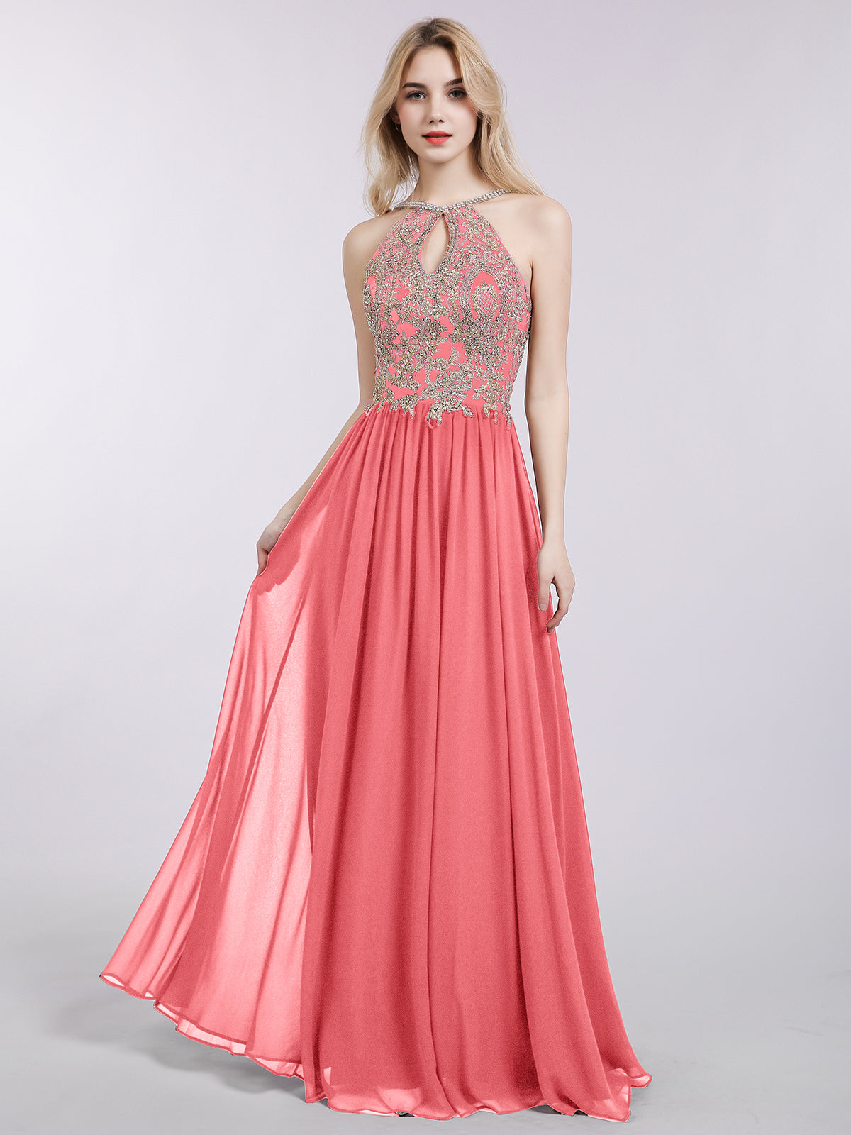 BABARONI Halter Chiffon with Gold Appliqued Dress-Watermelon Plus size, Watermelon / US18