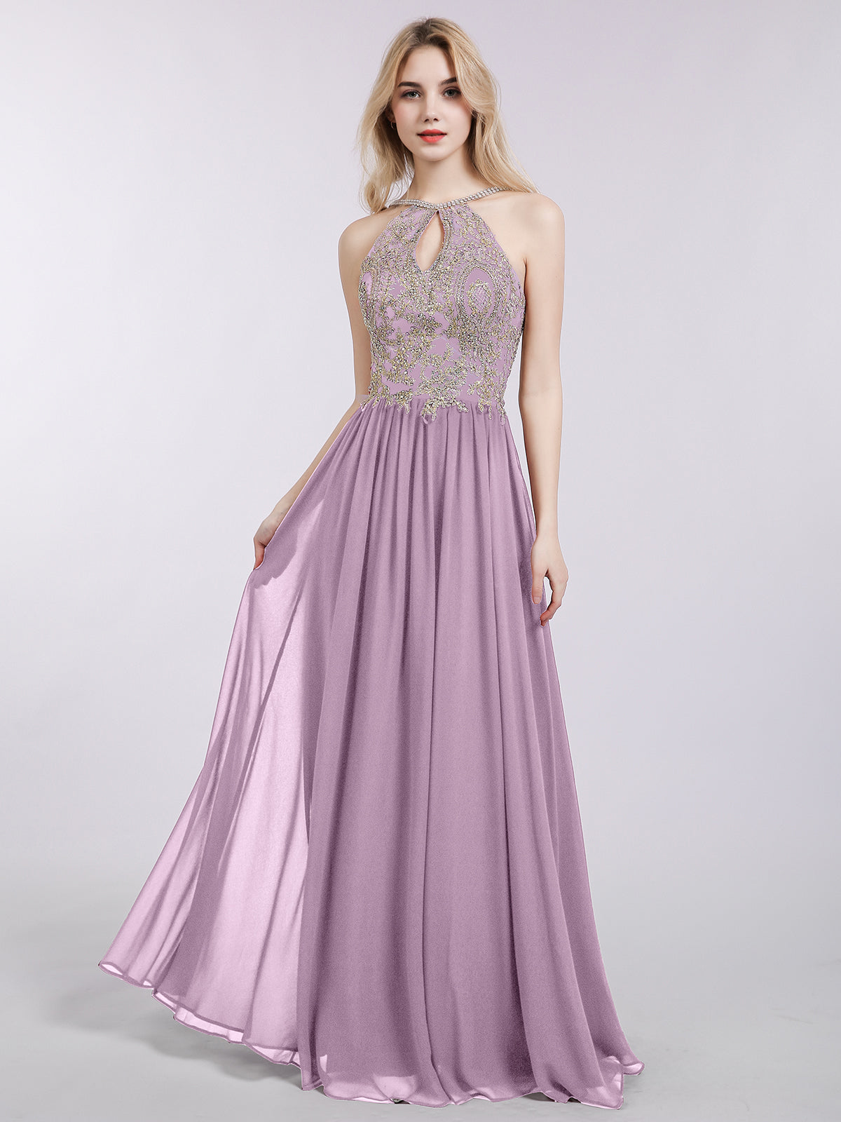 open lace back dress BABARONI Halter Chiffon with Gold Appliqued Dress-Wisteria Plus size, Wisteria / US18