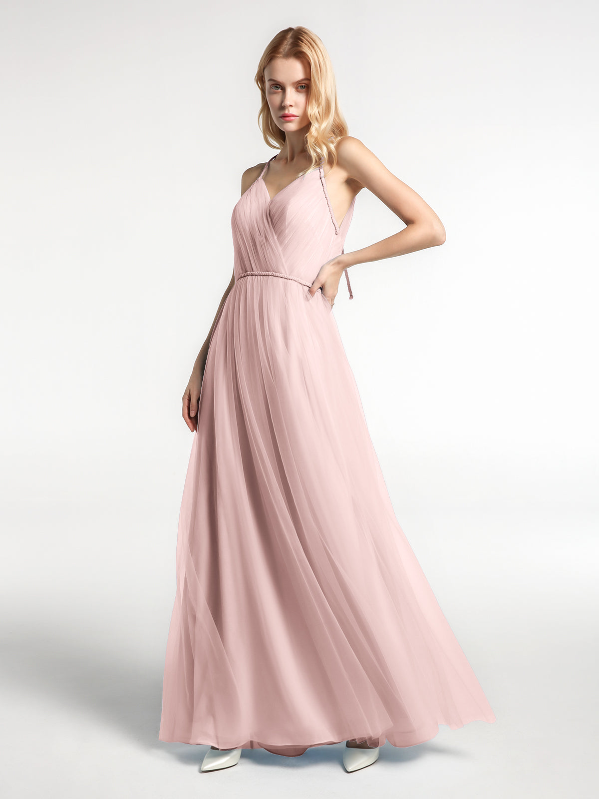 blush tulle maxi dress BABARONI Twist Straps Tulle Maxi Dress with V Neckline Dusty Rose, Dusty Rose / US0