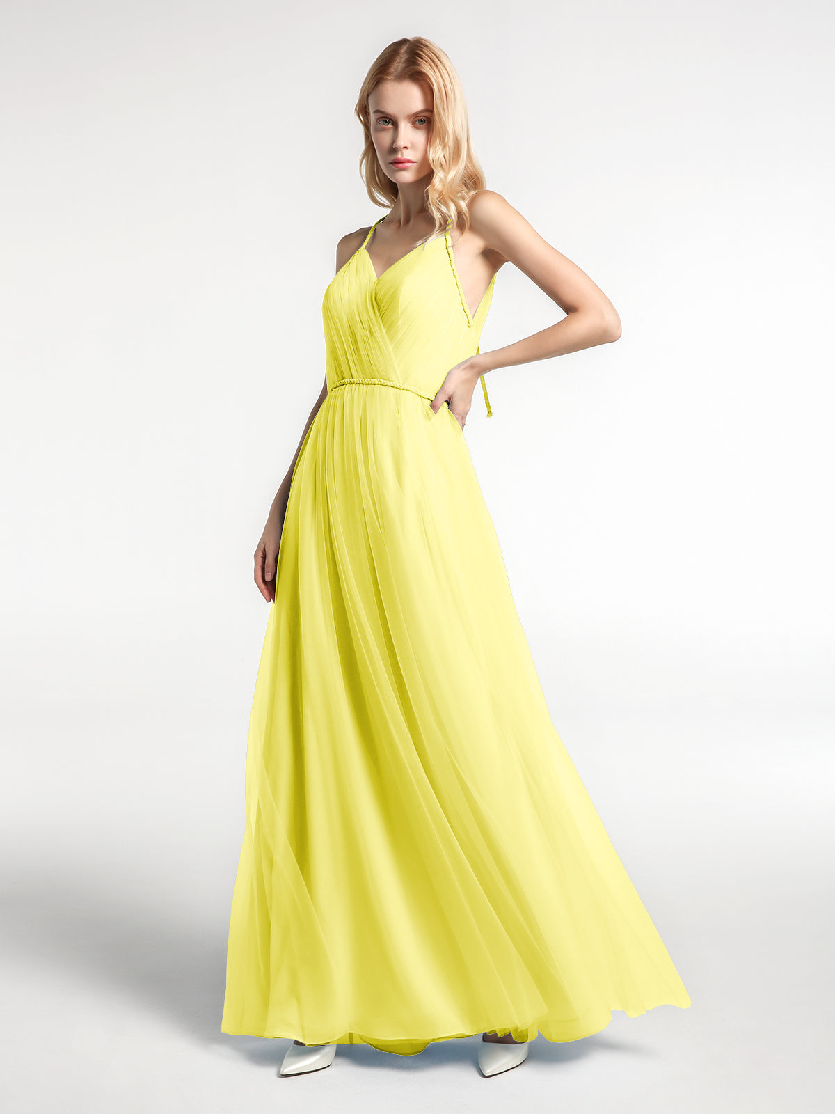 BABARONI Twist Straps Tulle Maxi Dress with V Neckline Lemon, Lemon / US0 BABARONI Twist Straps Tulle Maxi Dress with V Neckline Lemon, Lemon / US0